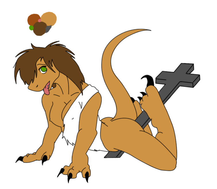 4chan all_fours anthro ass breasts brown_hair claws clothes color cross dinosaur female female_only flat_colors green_eyes hair jesus_christ meme open_eyes open_mouth public_domain raised_tail raptor-tan raptor_jesus rule_63 sharp_claws side_view solo tail tongue velociraptor white_background