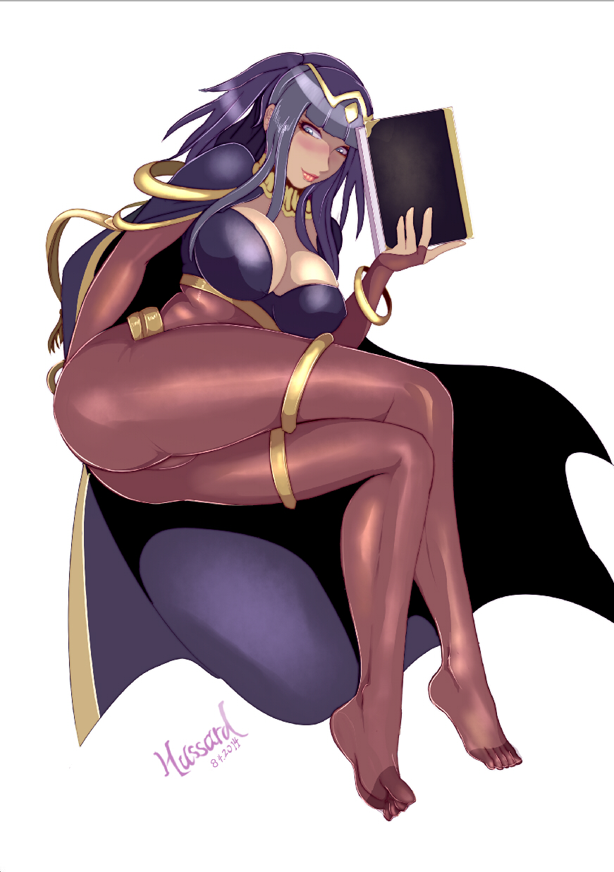 1girls, ass, black hair, blue eyes, blush, bodystocking, book, bracelet, breasts, bridal gauntlets, cape, circlet, cleavage, crossed legs, female, fire emblem, fire emblem awakening, hair, hussard-yr, jewelry, large breasts, long hair, nintendo, purple hair, simple background, smile, solo, spellbook, tharja (fire emblem), two-tone hair