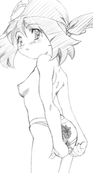 bandana breasts brock_print_panties female female_only human human_only may_(pokemon) monochrome monochrome_bandana nintendo panties pokemon side_view solo straight_hair tagme topless