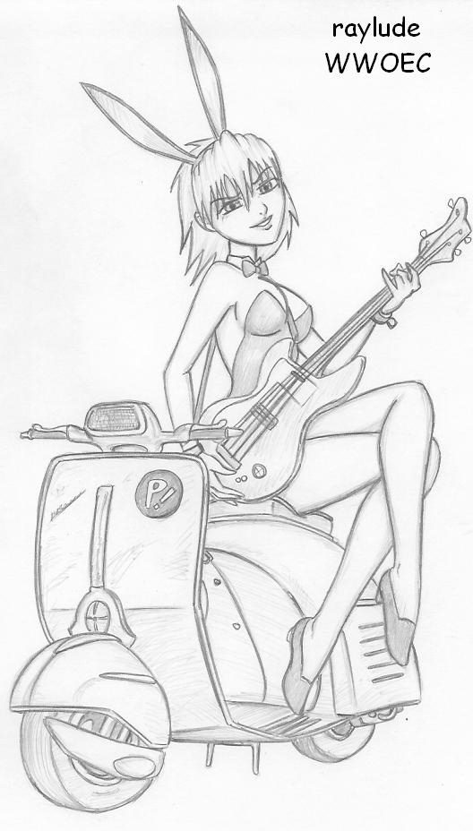 bunnysuit clothing electric_guitar female flcl footwear guitar haruko_haruhara musical_instrument pale_skin raylude scooter tagme vehicle vespa_(vehicle) wwoec