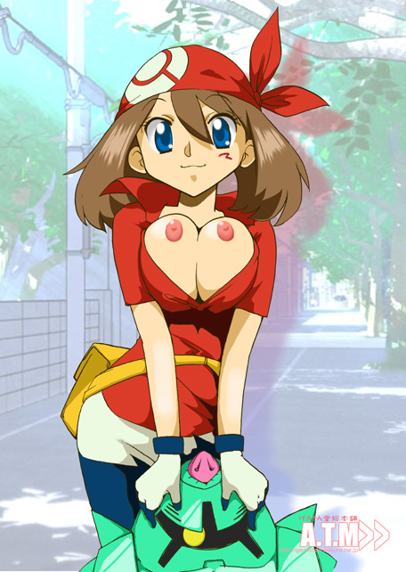 bandana big_breasts bike_shorts blue_eyes breasts brown_hair female genkindo gloves gundam human human_only large_breasts may_(pokemon) nintendo pokemon red_bandana straight_hair zock