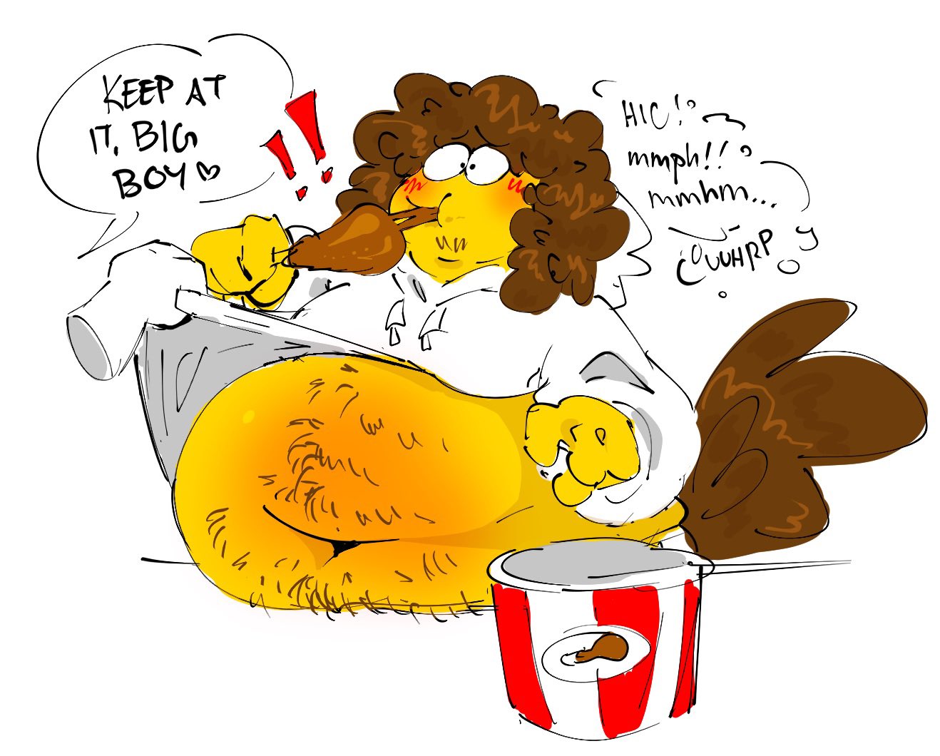 belly, belly hair, blush, brown hair, butterslug, chicken meat, chicken tail, disembodied hand, drumstick (food), eating, eating drumstick (food), eating food, eating meat, fat, fat belly, fat fetish, fat male, feederism, feeding, holding, holding drumstick (food), holding food, holding meat, holding object, lifting shirt, male, obese, obese male, overweight, overweight male, roblox, roblox admins, rooster tail, shedletsky