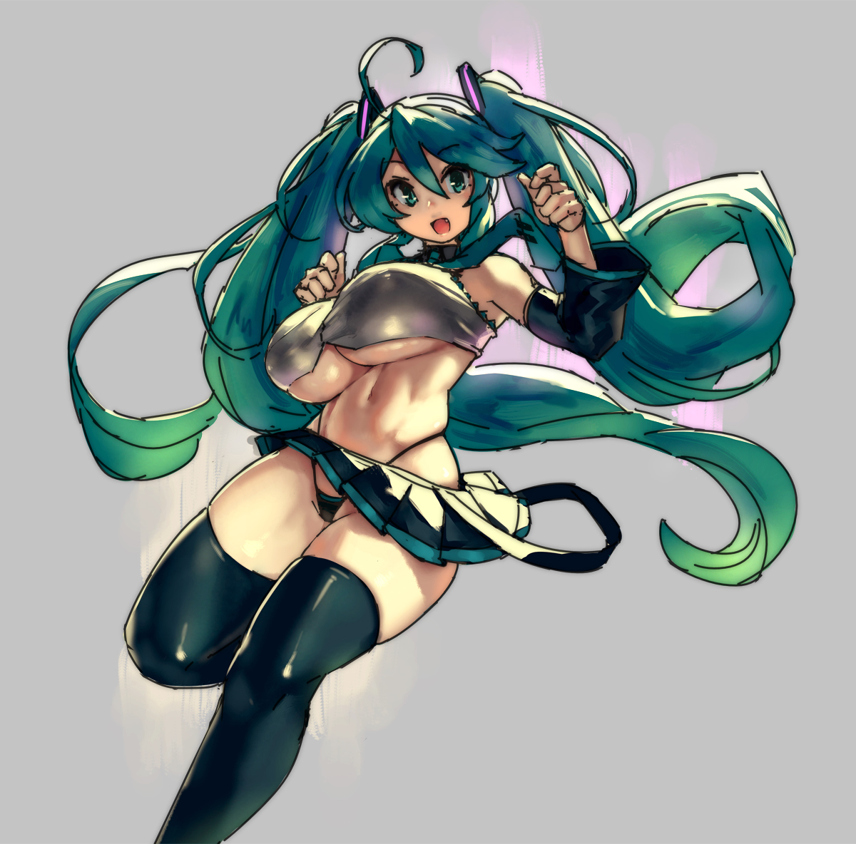 1girl, adapted costume, ahoge, alternate breast size, aqua eyes, aqua hair, bimbo, black legwear, black panties, black thighhighs, breasts, covered nipples, detached sleeves, eu03, female, green eyes, green hair, grey background, hatsune miku, highleg, highleg panties, huge breasts, large breasts, long hair, looking at viewer, miniskirt, navel, necktie, open mouth, panties, simple background, sketch, skindentation, skirt, sleeveless, smile, solo, thick thighs, thighhighs, thighs, thong, tied hair, twintails, underboob, underwear, very long hair, vocaloid