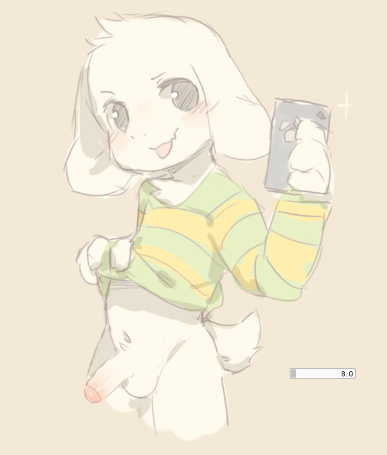 1boy, 2d, anthro, anthro male, anthro only, artist request, asriel dreemurr, black eyes, blush, blushing, bottomless, caprine, color, cute, cute penis, fur, furry, furry male, furry only, humanoid, humanoid male, humanoid only, male, male only, mammal, mammal humanoid, mirror selfie, penis, phone, shirt lift, short tail, smile, solo, tail, top only, undertale, undertale (series), white fur, white hair, young