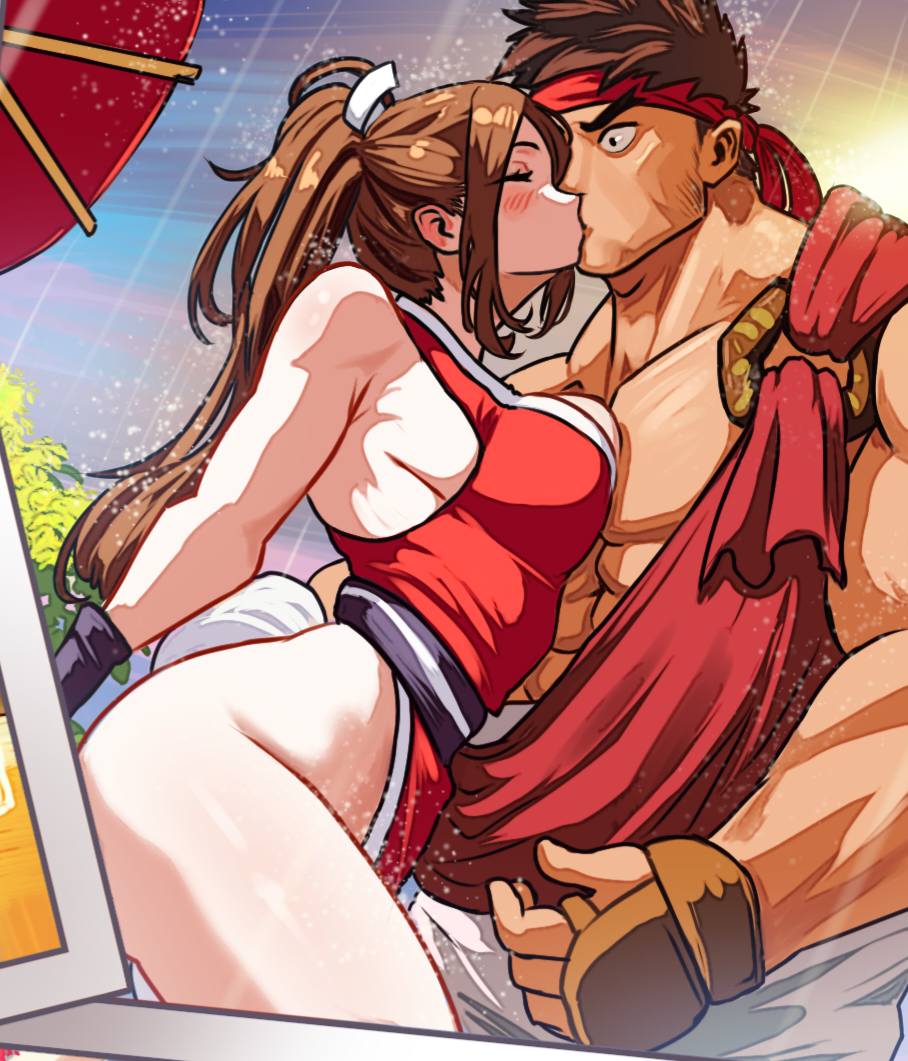 1boy artist_request bare_shoulders blush breast_press breasts brown_hair cleavage closed_eyes clothing couple crossover fatal_fury female fingerless_gloves gloves headband headwear high_ponytail holding japanese_clothes king_of_fighters kissing large_breasts long_hair mai_shiranui male muscle muscular muscular_male no_bra oil-paper_umbrella pectorals pelvic_curtain ponytail rain red_headband revealing_clothes ryu_(street_fighter) sash short_hair sideboob snk straight street_fighter surprised thick_thighs thighs topless_male traditional_clothes umbrella wafuku