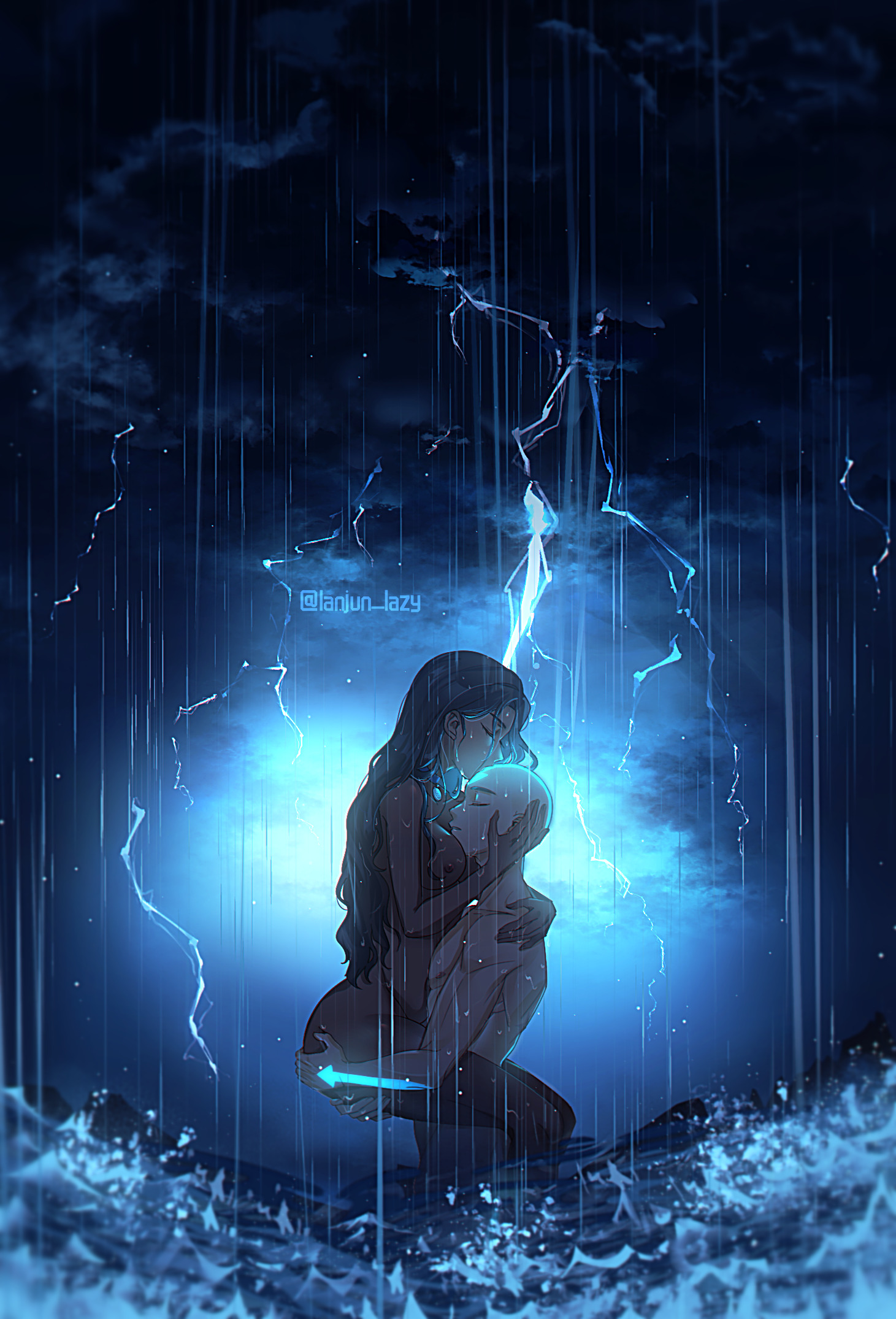 1boy, 1girls, aang, aged up, air nomad, airbender tattoo, areolae, artist signature, artistic nude, ass, ass grab, ass length hair, avatar legends, avatar state, avatar the last airbender, breasts, canon couple, carrying another, choker, completely nude, dark skin, dark-skinned female, embrace, female, hair down, hugging, katara, kissing forehead, lanjunlazy, light skin, light-skinned male, lightning, long hair, male, male/female, night, nipples, no visible genitalia, nude, nude female, nude male, ocean, rain, romantic, romantic couple, standing, tasteful nudity, wading, water, water tribe, waves, wet, wet body, wet hair