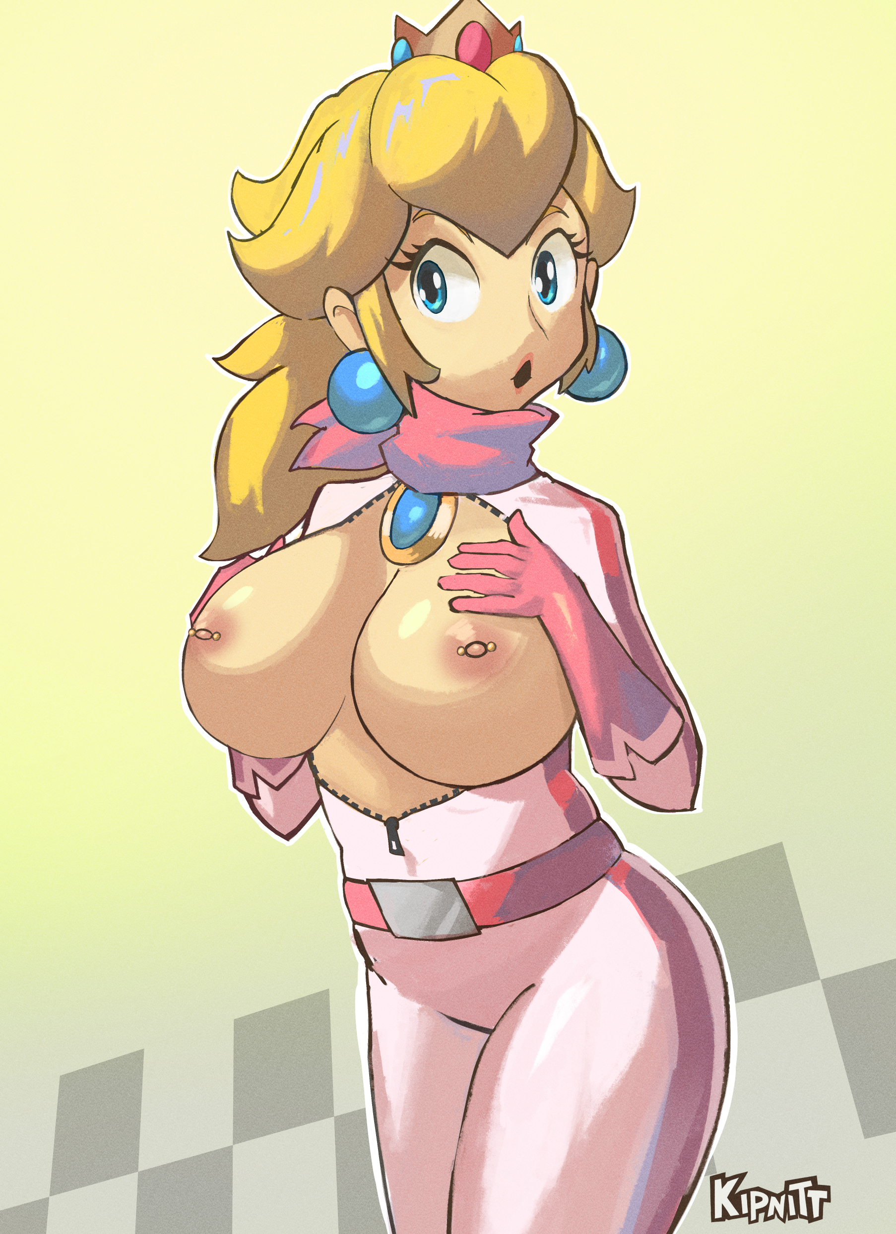 1girls, areolae, big breasts, blonde hair, blue eyes, bodysuit, breasts, breasts out, busty, crown, ear piercing, earrings, female, female only, gloves, hair, headwear, kipnitt, large breasts, mario (series), neckwear, nintendo, nipple piercing, nipples, pierced nipples, piercing, piercings, pink gloves, ponytail, princess peach, racing suit, solo, solo female, unzipped, unzipped bodysuit, zipper down