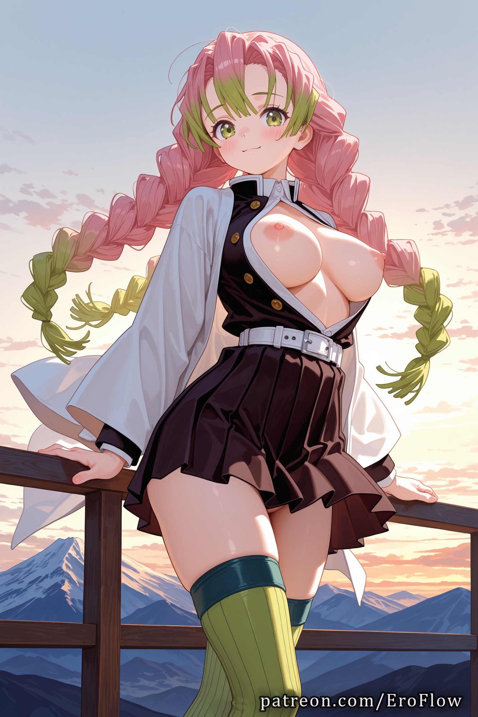 1girls, 2025, against railing, ai generated, bangs, belt, black skirt, blush, braid, breasts, breasts out, closed mouth, curvaceous, demon slayer, demon slayer uniform, eroflow, female, female only, green eyes, green hair, green thighhighs, haori, hi res, highres, japanese clothes, kanroji mitsuri, kanroji mitsuri (cosplay), kimetsu no yaiba, large breasts, long hair, long sleeves, looking at viewer, mole, mole under each eye, mountain, multiple moles, nipples, open clothes, outdoors, partially unbuttoned, patreon, pink hair, pleated skirt, ribbed legwear, skirt, smile, solo, thighhighs, thighs, twin braids, voluptuous, voluptuous female, white belt