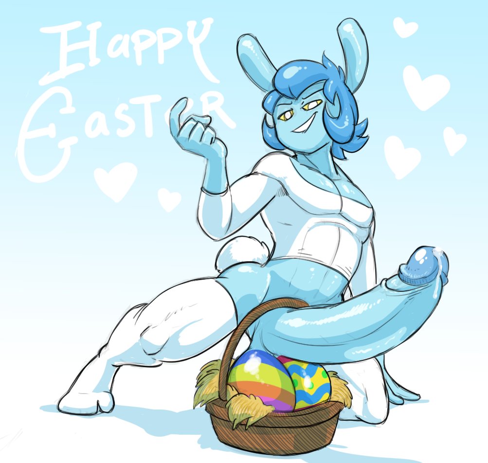 1boy, androgynous, balls, balls in basket, basket, big balls, big dick, big penis, blue body, blue hair, blue skin, daredemon7000, ddemon7000, easter, easter balls, easter egg balls, erect, erect penis, erection, huge balls, huge cock, male, male only, non-human, non-human only, painted balls, penis, precum, precum on penis, presenting, presenting balls, presenting penis, relle, solo, solo male, toony face, yellow eyes, yellow sclera