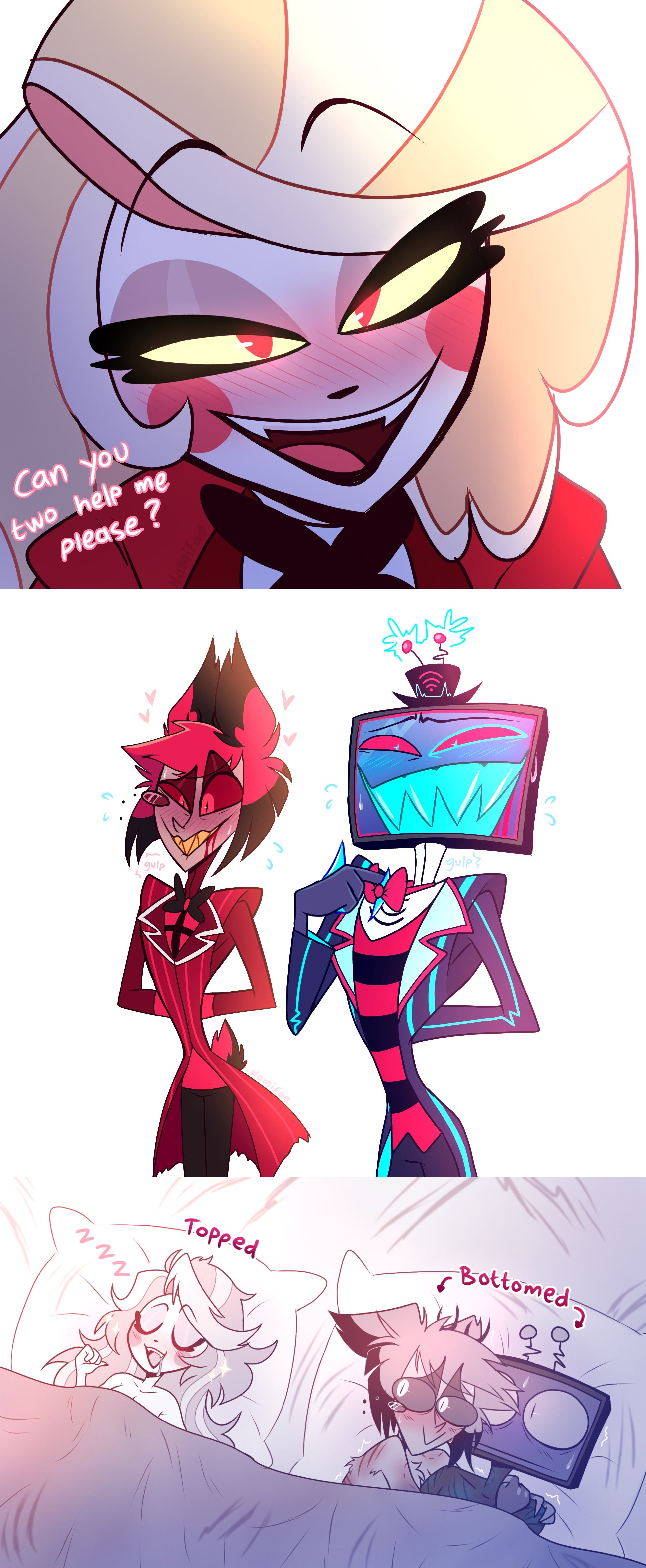 after sex, alastor (hazbin hotel), animal humanoid, bite mark, black body, black fur, black hair, blonde hair, blood, blue body, blush, bodily fluids, breasts, charlie morningstar (hazbin hotel), claws, closed eyes, clothed, clothing, deer, deer humanoid, demon, demon humanoid, electronics, fangs, female, femdom, fluffy, fluffy tail, for a head, fur, group, group sex, hair, hat, hazbin hotel, headgear, headwear, hellaverse, hi res, humanoid, implied femdom, interspecies, looking pleasured, male, male/female, mammal, mammal humanoid, multicolored body, multicolored fur, multicolored hair, nyomifae, object head, open mouth, open smile, red body, red eyes, red fur, red hair, saliva, screen, screen face, screen head, seductive, simple background, smile, sweat, tail, teeth, television, thick thighs, threesome, tongue, trio, tv head, two-tone body, two-tone fur, two-tone hair, vox (hazbin hotel), white body