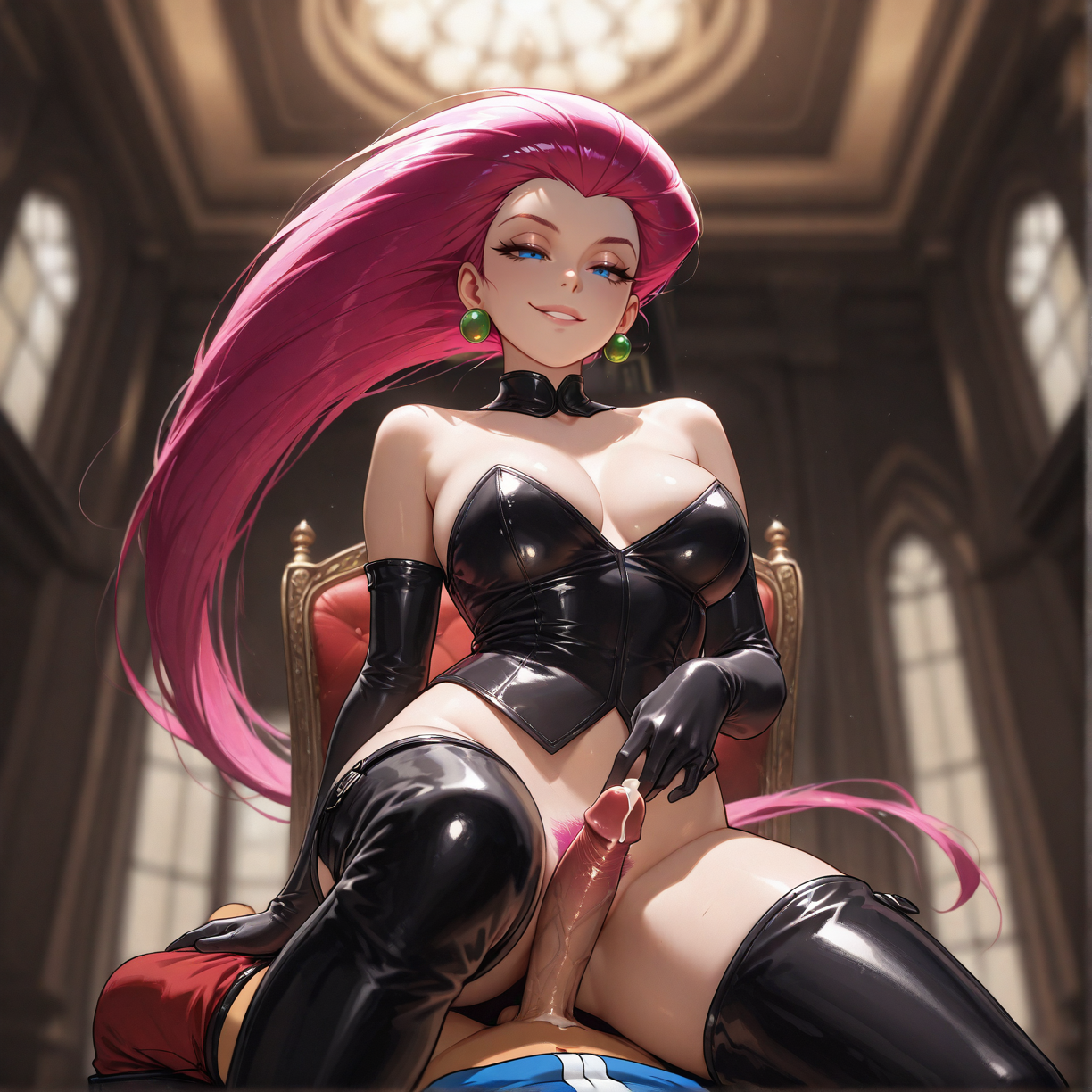 ai generated, cum, cum drip, dominant, dominant female, domination, dominatrix, female, jessie (pokemon), leaking cum, long hair, male, newaiartcreator, nude, nude female, penis, pink eyes, pink hair, pokemon, villain