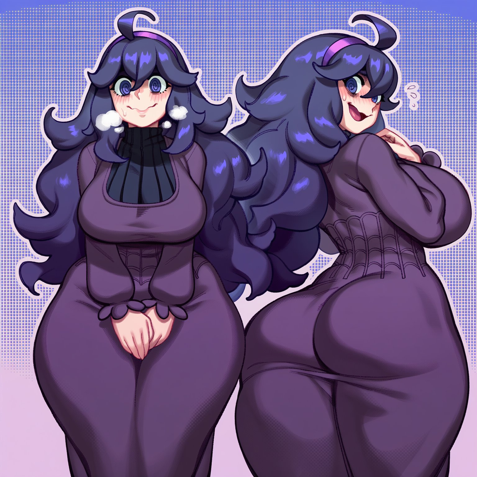 @ @, 1girls, ahoge, ai generated, ass, blush, breasts, breath, demerzel, dress, female, hairband, halftone, halftone background, hex maniac, large breasts, long hair, looking at viewer, looking back, multiple views, plump, pokemon, pokemon xy, polka dot, polka dot background, purple dress, purple eyes, purple hairband, ribbed sweater, smile, spiral eyes, thick thighs