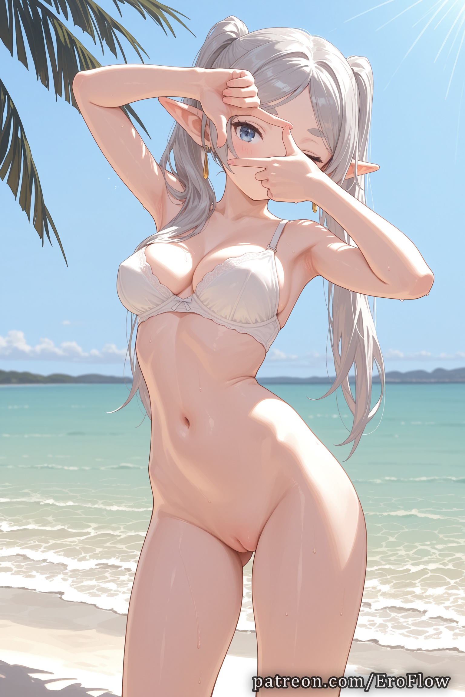 1girls, 2025, ai generated, armpit, armpits, ass visible through thighs, beach, bikini, blue eyes, bottomless, bra, breasts, cleft of venus, clothing, contrapposto, drop earrings, earrings, elf, elf ears, eroflow, female, finger frame, frieren, hi res, highres, jewelry, long hair, looking at viewer, medium breasts, navel, ocean, one eye closed, outdoors, parted bangs, patreon, pointy ears, pussy, sky, solo, sousou no frieren, stomach, swimsuit, twintails, uncensored, underwear, vagina, voluptuous, voluptuous female, white bikini, white bra