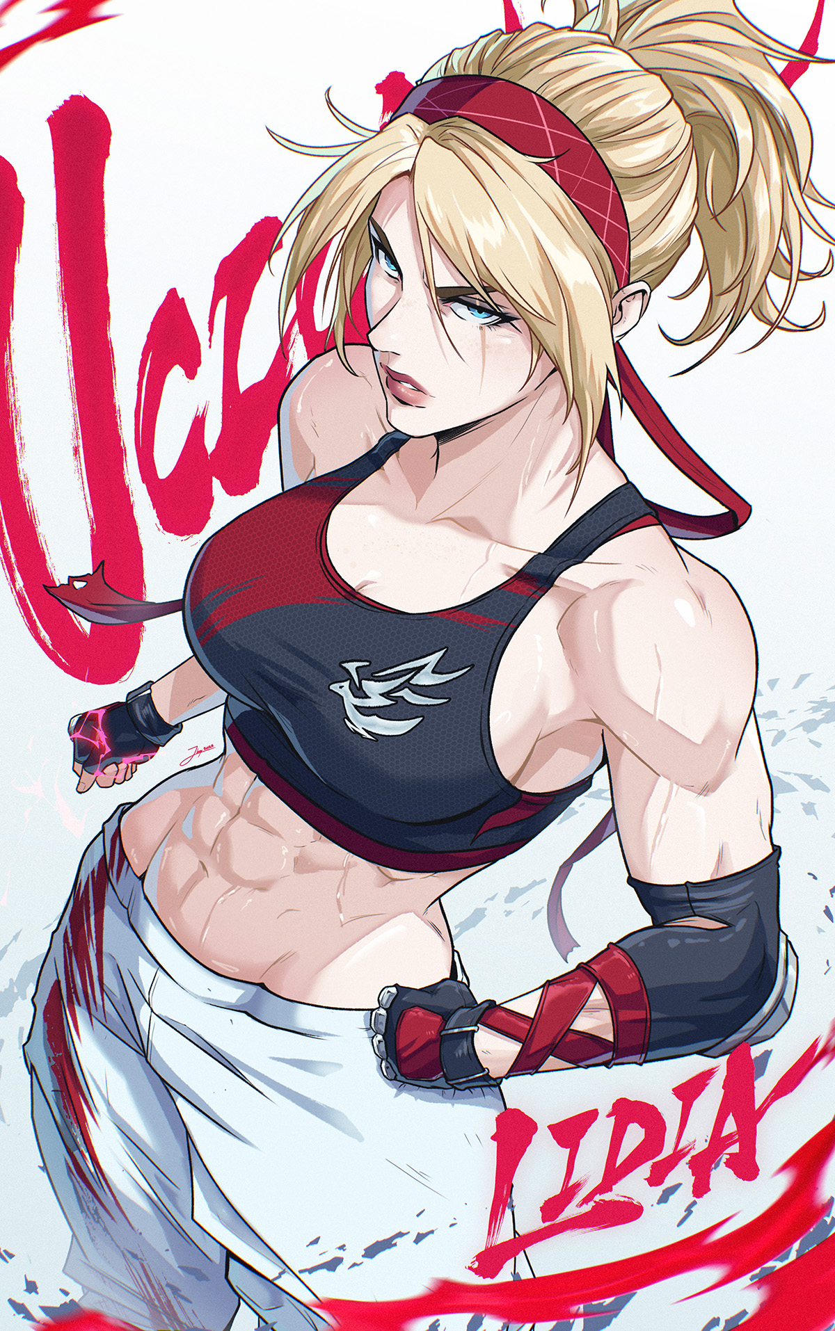 1girls, 2025, 2d, 2d (artwork), abs, bandai namco, blonde hair, blue eyes, breasts, character name, female, female only, fit, fit female, jhonyknight, lidia sobieska, looking at viewer, namco, namco bandai, polish, polish female, scar, scar across eye, scar on face, sfw, solo, solo female, standing, tekken, tekken 8, twitter