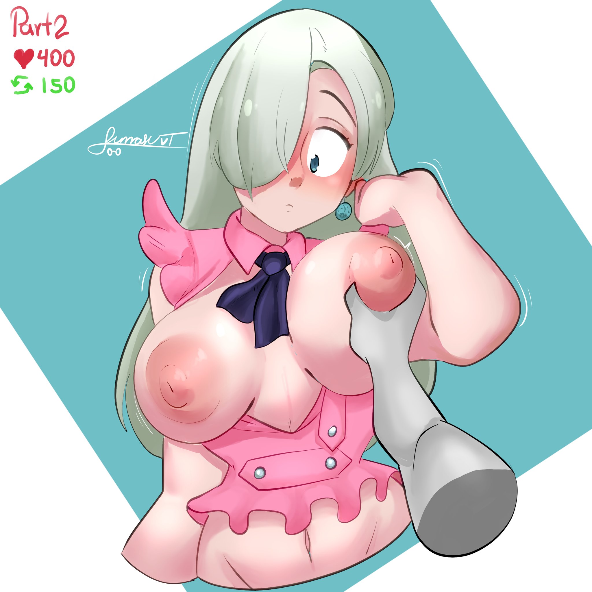 big breasts, big nipples, big titties, breasts, clothing, curvaceous, curvaceous female, curvaceous figure, curvy, curvy figure, curvy hips, elizabeth liones, female, female focus, female only, grey hair, long hair, looking at viewer, nanatsu no taizai, nipples, open shirt, rubber, sumasuvt