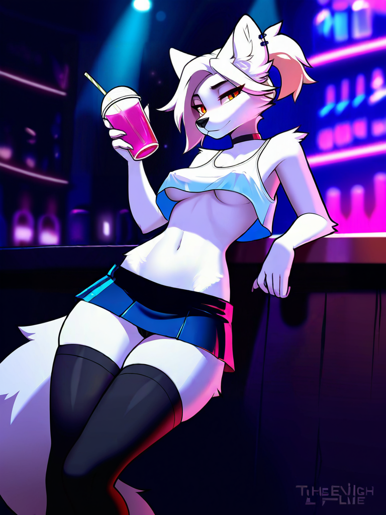 ai_generated anthro anthro_female anthro_wolf bar barbell_piercing black_thighhighs blue_skirt covered_nipples covered_piercing crop_top crop_top_overhang female holding_drink indoors leaning_back looking_at_viewer midriff monochrome_fur navel nightclub nipple_outline no_bra orange_eyes piercing_outline platinum_blonde_hair ponytail short_hair skirt slurpee small_breasts solo standing tank_top thighhighs underboob white_body white_fur white_tank_top wolf_ears wolf_girl wolf_tail zettai_ryouiki zorkpics