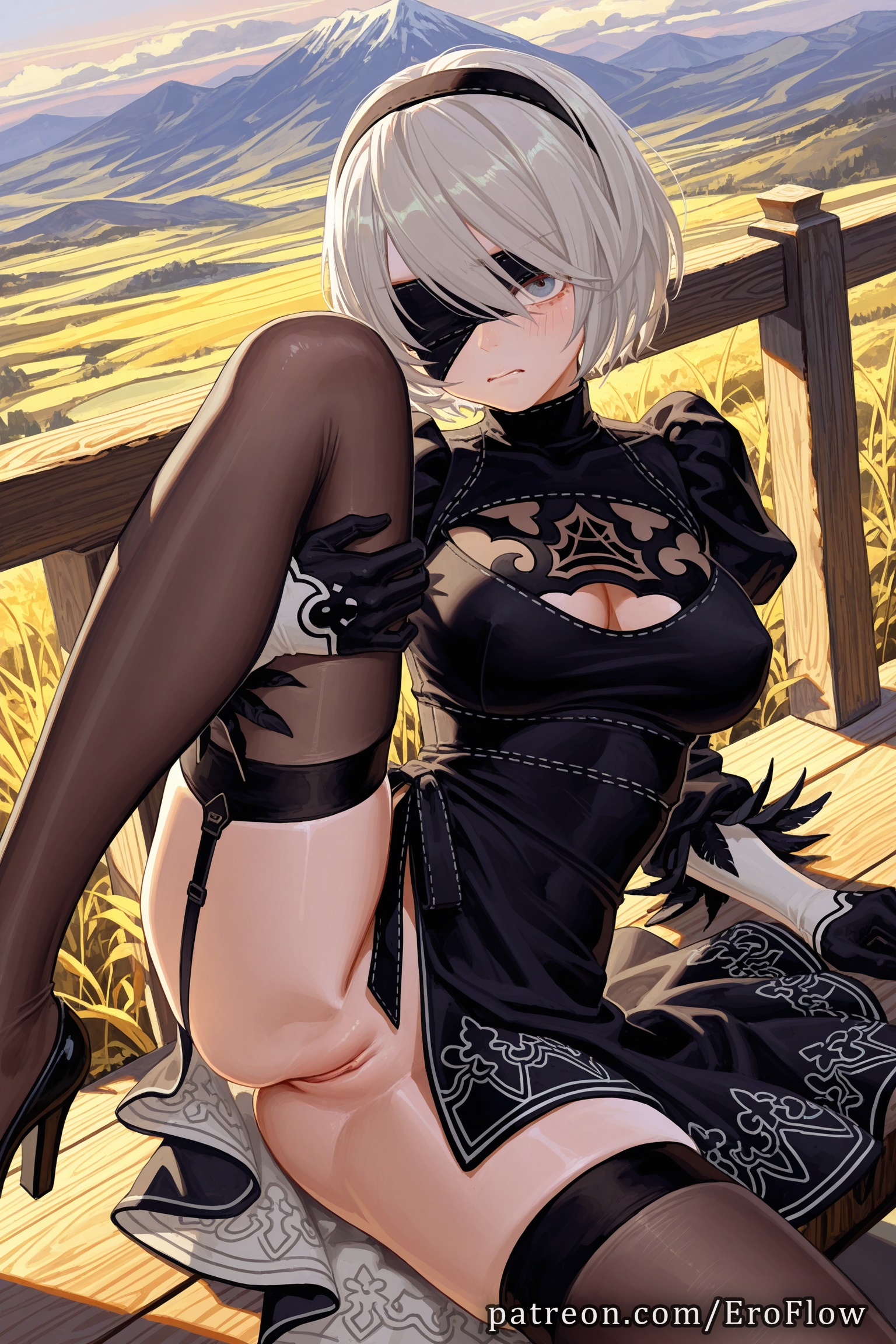 1girls, 2025, ai generated, black blindfold, black dress, black gloves, black hairband, black thighhighs, blindfold, blue eyes, breasts, cleavage, cleavage cutout, clothing cutout, covered eyes, dress, eroflow, female, garter straps, genitals, gloves, hairband, hi res, high heels, highres, long sleeves, looking at viewer, mole, mole under mouth, mountain, nier, nier (series), nier: automata, no panties, outdoors, patreon, puffy sleeves, pussy, pussy juice, short hair, solo, spread legs, thighhighs, tight pussy, uncensored, vagina, voluptuous, voluptuous female, white hair, yorha 2b, yorha 2b (cosplay)