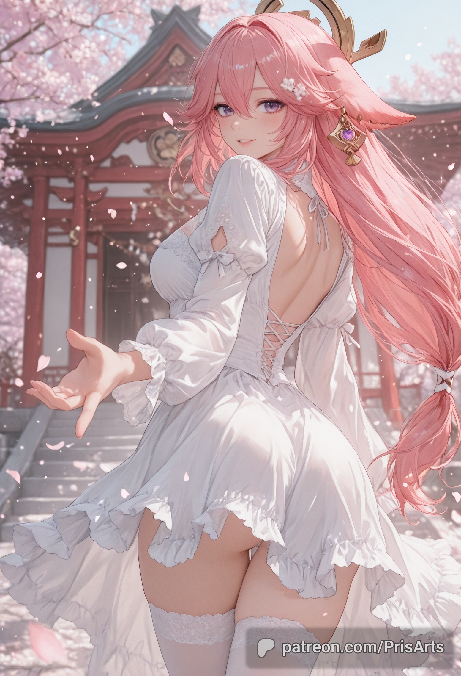 ai generated, ass, back view, bangs, beautiful, cherry blossoms, clothing, dress, female, female only, fox ears, fox girl, genshin impact, gorgeous, hoyoverse, legs, light skin, light-skinned female, looking at viewer, mihoyo, pink hair, prisarts, purple eyes, reaching out, reaching towards viewer, shrine, shrine maiden, thighhighs, thighs, walking, walking away, white dress, yae miko, yae miko (genshin impact)