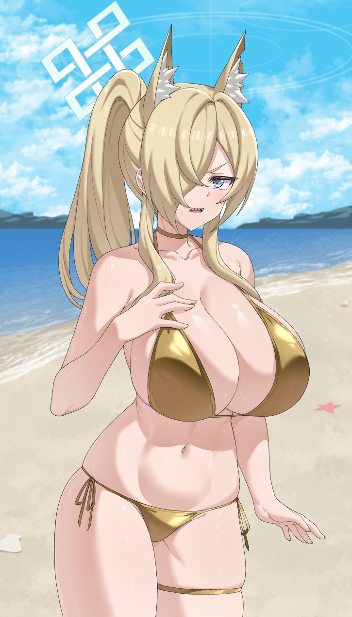 1female 2d animal_ears beach big_breasts bikini bikini_only blonde_female blonde_hair blue_archive female gold_bikini golden_bikini hand_on_butt huge_breasts kanna_(blue_archive) lingerie looking_at_viewer mzrz solo_female underwear
