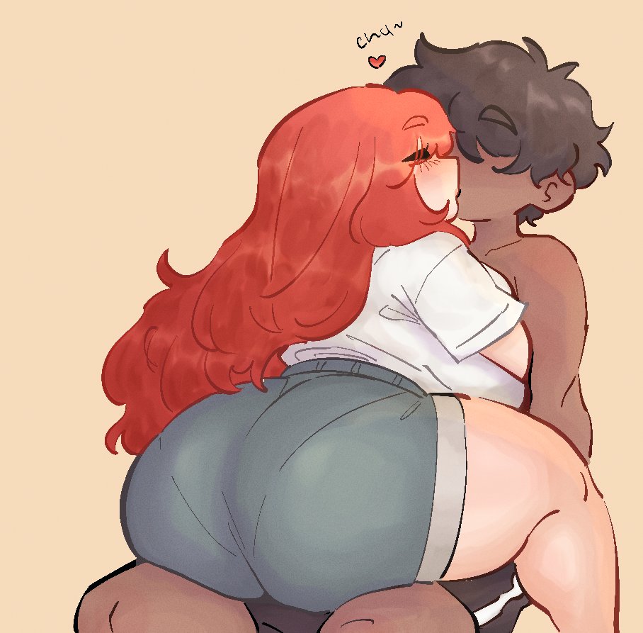 1boy, 1girls, ass, big ass, big butt, closed eyes, female, heart, huge ass, kissing, male, maple (milosartses), milosartses, oc, original, original character, pantylines, red hair, shorts, sitting, sitting on lap, thick thighs