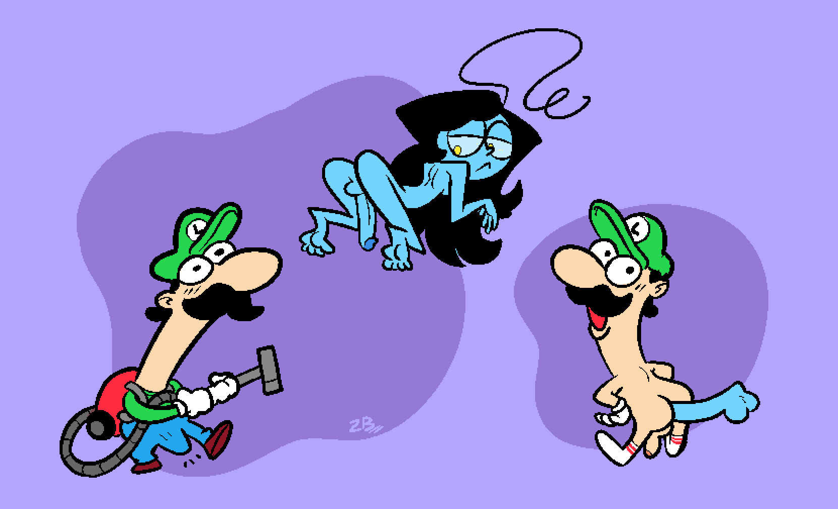 2boys anal anal_sex ass balls black_hair blue_body blue_overalls blue_penis boner cartoony clothed_male_nude_male clothing doodle erection facial_hair floating gay genitals ghost gloves green_hat green_shirt hat holding_object humanoid humanoid_male light-skinned_male light_skin long_hair long_neck luigi luigi's_mansion male male/male male_only mario_(series) mature mature_male moustache nintendo nude nude_male open_mouth overalls penis penis_in_anus purple_background sex shirt short_hair testicles white_gloves zaribot
