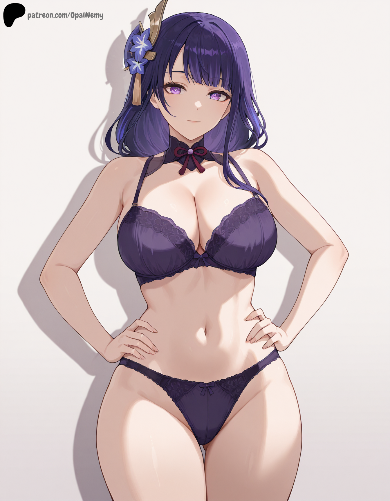 1girls, ai generated, ass visible through thighs, bare shoulders, bow panties, bowtie, breasts, eyebrows visible through hair, female, female only, fingernails, genshin impact, hair ornament, hair over shoulder, hands on own hips, hi res, high quality, high resolution, highres, huge breasts, large breasts, light blush, lingerie, lips, looking at viewer, midriff, navel, nose, opal nemy, panties, patreon, patreon username, plain background, purple eyes, purple hair, purple panties, raiden shogun, self upload, shadow, short hair, simple background, thick thighs, thighs, watermark, white background, wide hips