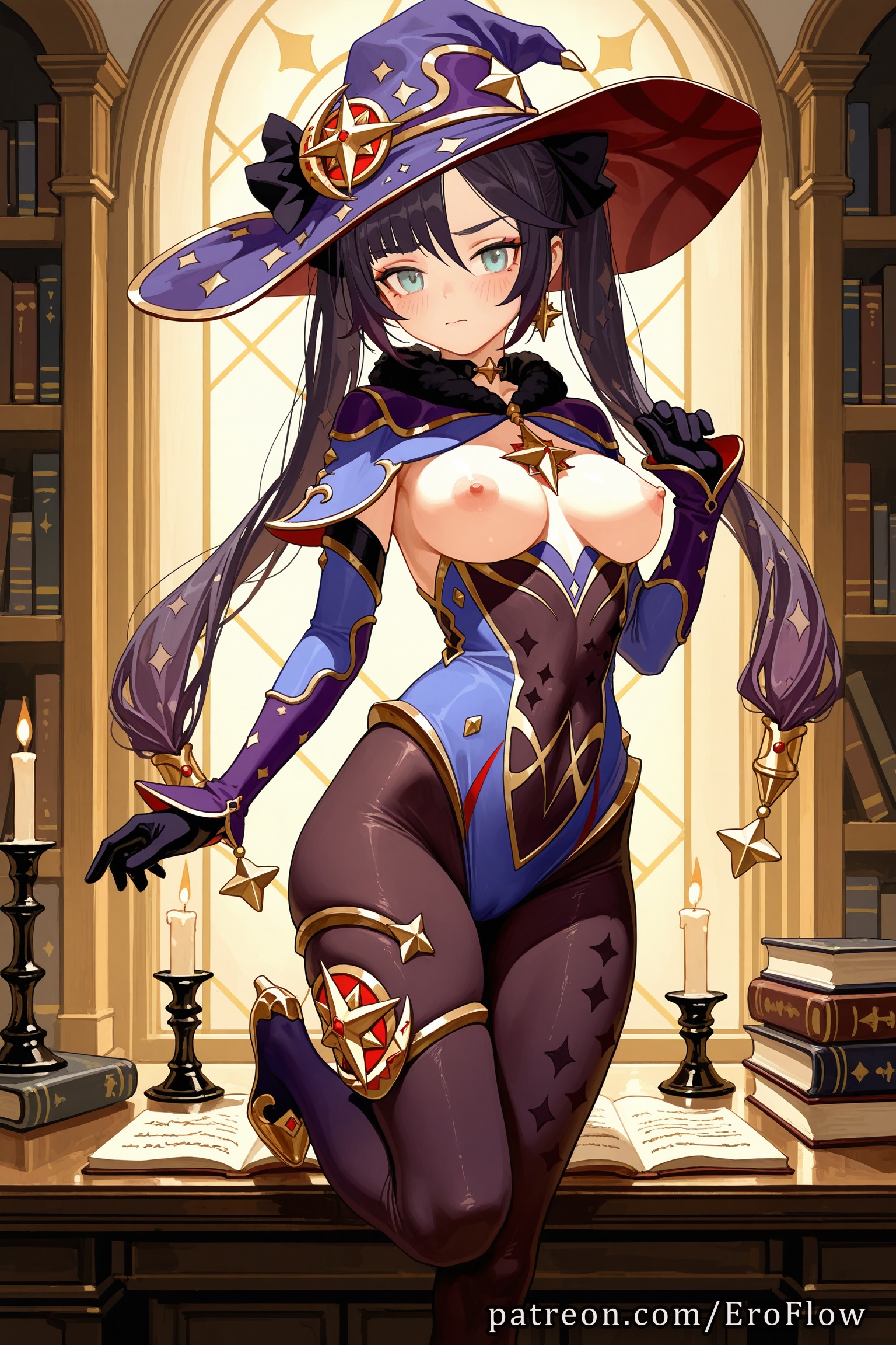1girls, 2025, ai generated, black gloves, black hair, blue leotard, blush, bodystocking, book, breasts, breasts out, candle, closed mouth, detached sleeves, earrings, eroflow, female, female only, fur collar, genshin impact, gloves, gold trim, hand up, hat, hat ornament, hi res, highleg, highleg leotard, highres, hoyoverse, indoors, jewelry, large breasts, leotard, long hair, looking at viewer, medium breasts, mihoyo, mihoyo technology (shanghai) co. ltd., mona (genshin impact), nipples, pantyhose, patreon, solo, standing, standing on one leg, star (symbol), star earrings, thighlet, twintails, voluptuous, voluptuous female, witch hat