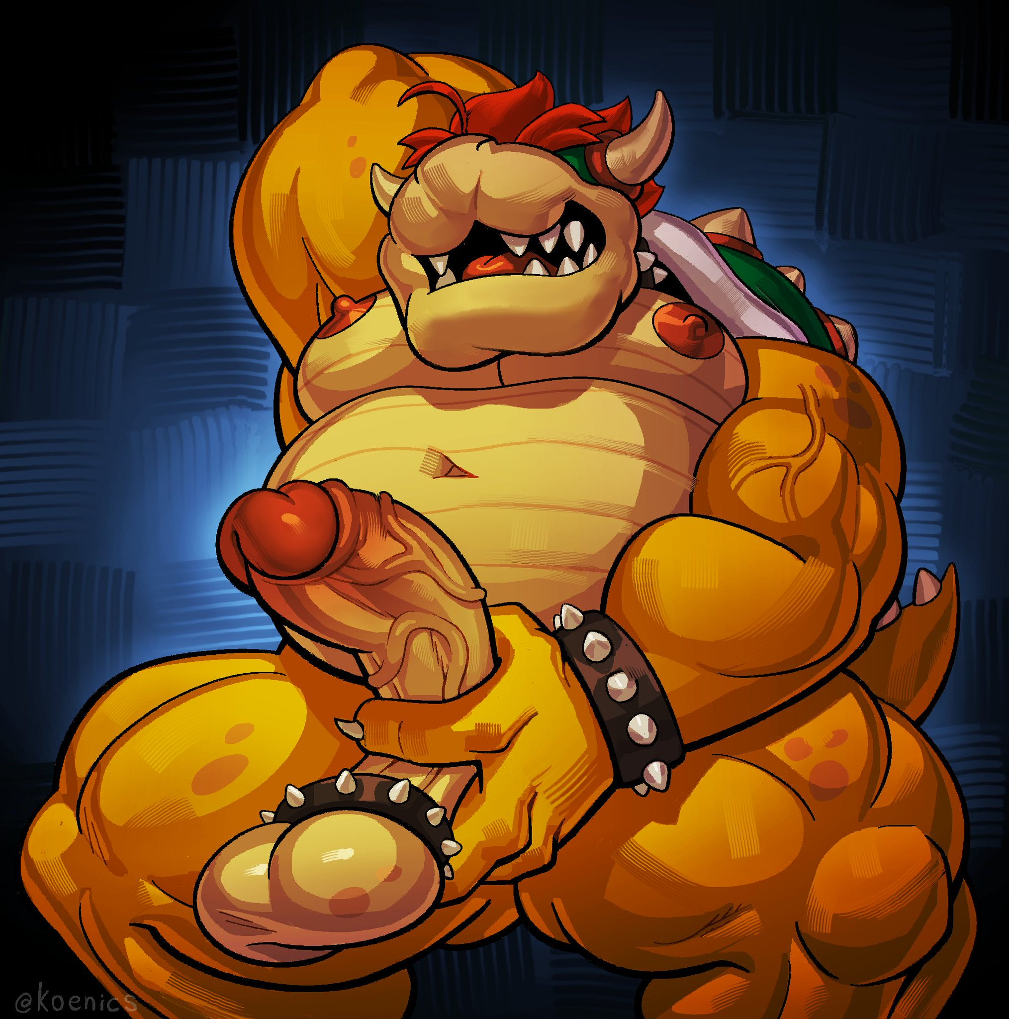 1boy, 2024, anthro, areola, balls, balls cuff, balls grab, balls ring, bara, belly, biceps, big balls, big muscles, big penis, bowser, bracelet, claws, cock ring, erection, eyebrows, foreskin, furry, furry male, furry only, genitals, glans, hair, hand behind head, hi res, horn, huge balls, huge cock, huge muscles, humanoid genitalia, humanoid penis, jewelry, koenics, koopa, male, male nipples, male only, mario (series), muscles, muscular, muscular anthro, muscular male, navel, nintendo, nipples, non-mammal balls, non-mammal nipples, nude, open mouth, open smile, overweight, overweight anthro, overweight male, pecs, penis, penis grab, presenting, presenting penis, reptile, saggy balls, scalie, shell, simple background, sitting, smile, solo, spiked balls ring, spiked bracelet, spiked shell, spiked tail, spikes, spikes (anatomy), tail, teeth, thick arms, thick penis, thick thighs, tongue, uncircumcised, vein, yaoi