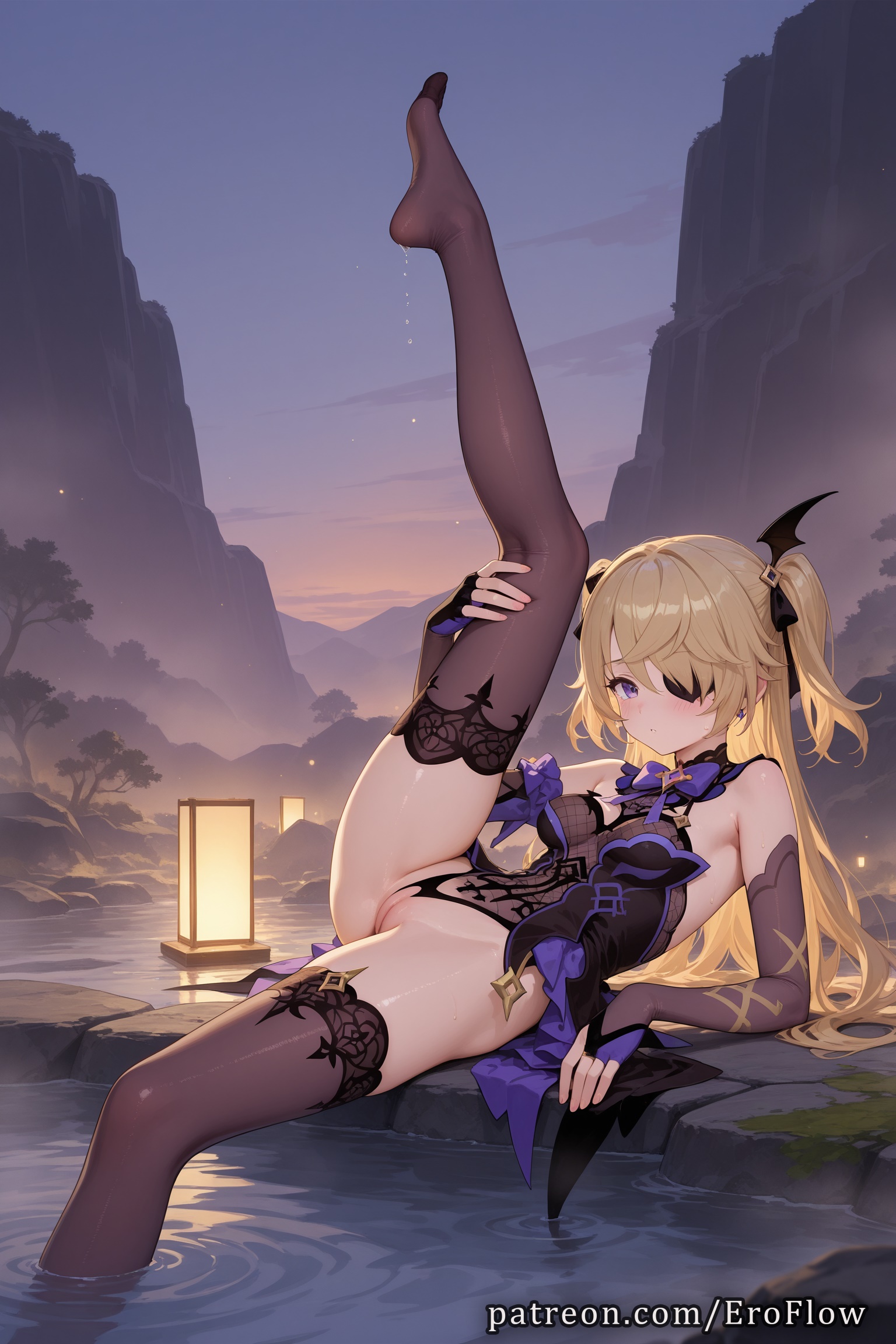 1girls, 2025, ai generated, bare shoulders, black thighhighs, blonde hair, blush, bowtie, breasts, bridal gauntlets, eroflow, eyepatch, feet, female, fischl (ein immernachtstraum) (genshin impact), fischl (genshin impact), foot fetish, genitals, genshin impact, gloves, hair over one eye, hi res, highres, hoyoverse, knee up, leg lift, leg up, legs, leotard, long hair, looking at viewer, mihoyo, mihoyo technology (shanghai) co. ltd., navel, no shoes, outdoors, partially visible vulva, patreon, purple eyes, pussy, pussy juice, small breasts, solo, thighhighs, thighs, tight pussy, toes, two side up, underwear, voluptuous, voluptuous female, water, wet, wig