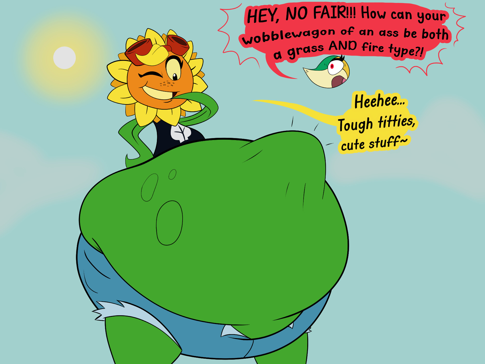 1girls, anthro, anthrofied, ass, belly, belly bulge, breasts, digestion, fat, female, female pred, flora fauna, inflation, obese, plant, plant girl, plant humanoid, plantie, plants vs zombies, plants vs. zombies, pokemon, pokemon (species), popcap games, pred, pussy, snivy, solar flare (pvz), sunflower (pvz), vore, vore belly, weight gain