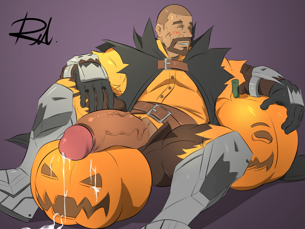 bara, beard, big penis, blizzard entertainment, boner, closed eyes, cum, dark skin, erection, facial hair, gabriel reyes, gloves, huge cock, large penis, male, male only, overwatch, penis, pumpkin, pumpkin reaper, reaper, reclamon, scar, sitting, smile, solo, yaoi
