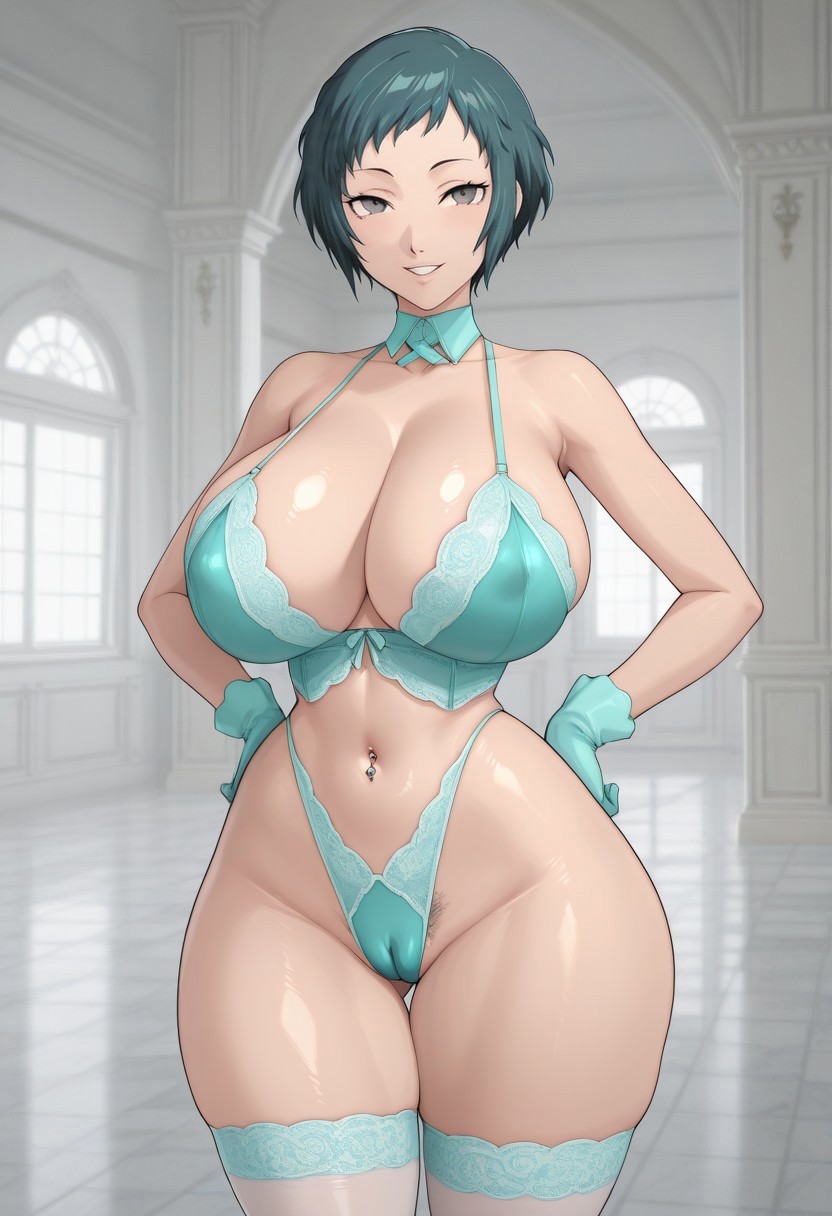 ai generated, aqua hair, aqua lingerie, big breasts, breasts, buk1t0, female, fuuka yamagishi, hands on hips, highleg lingerie, mansion, naughty face, persona 3, pubic hair, short hair