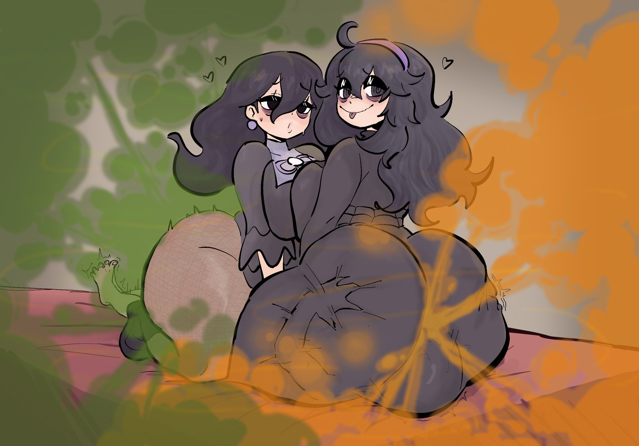 @ @, 1boy, 2girls, ass, ass bigger than head, ass grab, ass on face, big ass, big butt, black eyes, dress, eye bags, facesitting, fart, fart cloud, fart fetish, farting, farting in face, female, game freak, hairband, heart, hex maniac, hex maniac (pokemon legends: z-a), hex maniac (pokemon xy), looking back, male, mature, mature female, milf, milosartses, nintendo, pokemon, pokemon legends: z-a, pokemon xy, purple dress, purple eyes, purple hair, smile, thick thighs, tongue, tongue out