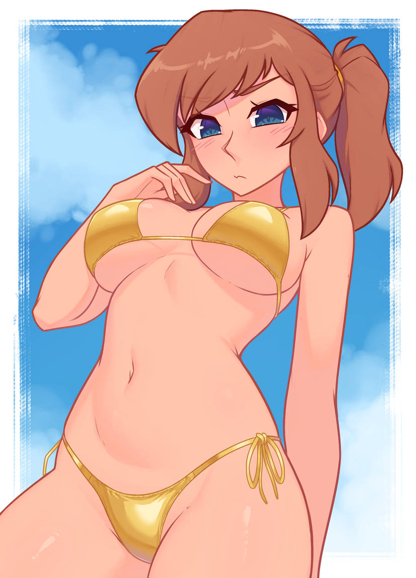 a hat in time, bikini, blue eyes, blush, breasts, brown hair, clouds, female, golden bikini, golden week, hat adult, hat kid, looking at viewer, looking down at viewer, medium breasts, meme, playing with hair, ponytail, shy, swimsuit, xyroni