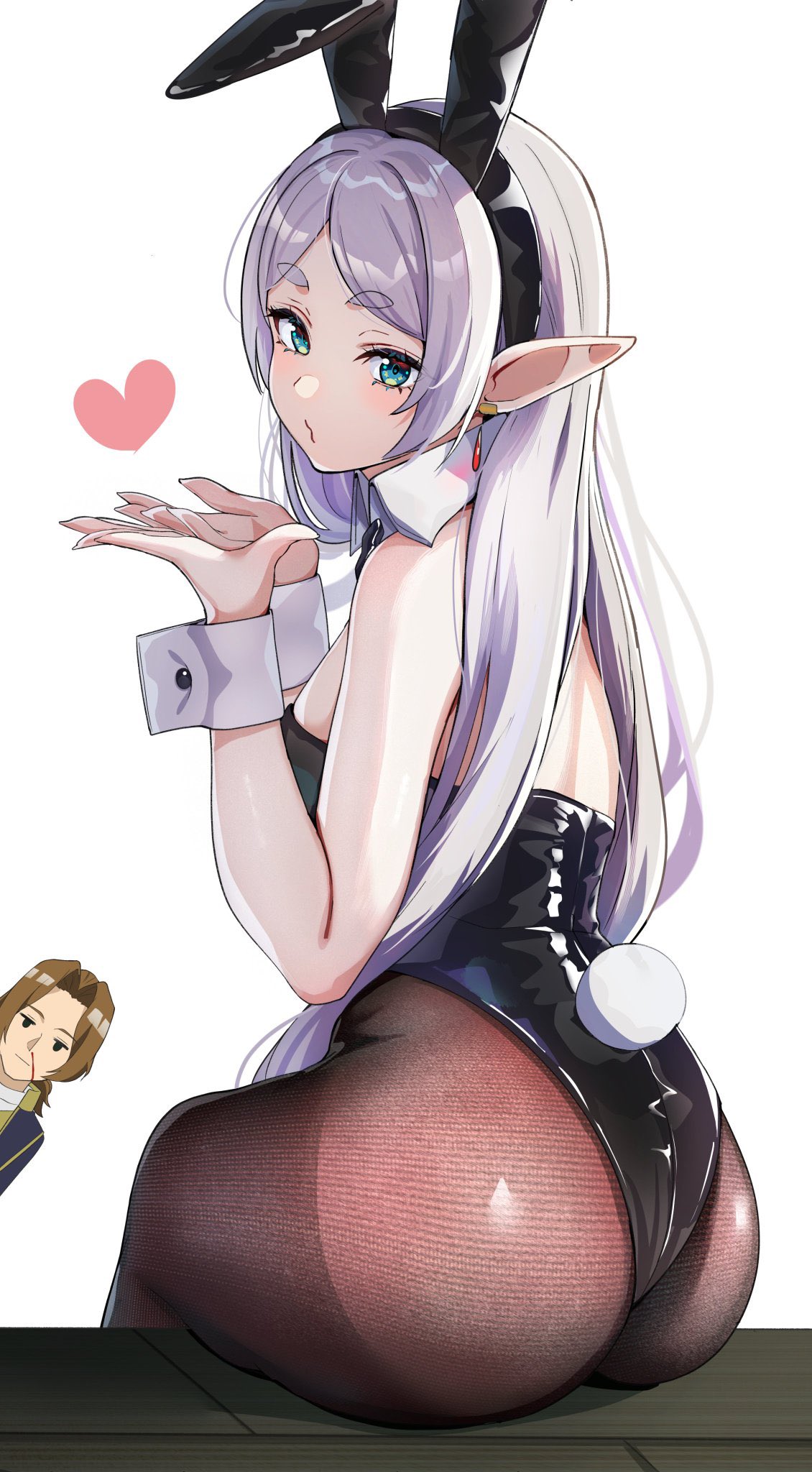 1boy, 1girls, alternate costume, animal ears, ass, black leotard, blowing kiss, breasts, commentary request, elf, fake animal ears, fake tail, female, frieren, from behind, green eyes, hair down, heart, highres, leotard, long hair, looking at viewer, male, pantyhose, playboy bunny, pointy ears, rabbit ears, rabbit tail, sein (sousou no frieren), simple background, small breasts, solo focus, sousou no frieren, tail, white background, yami anko