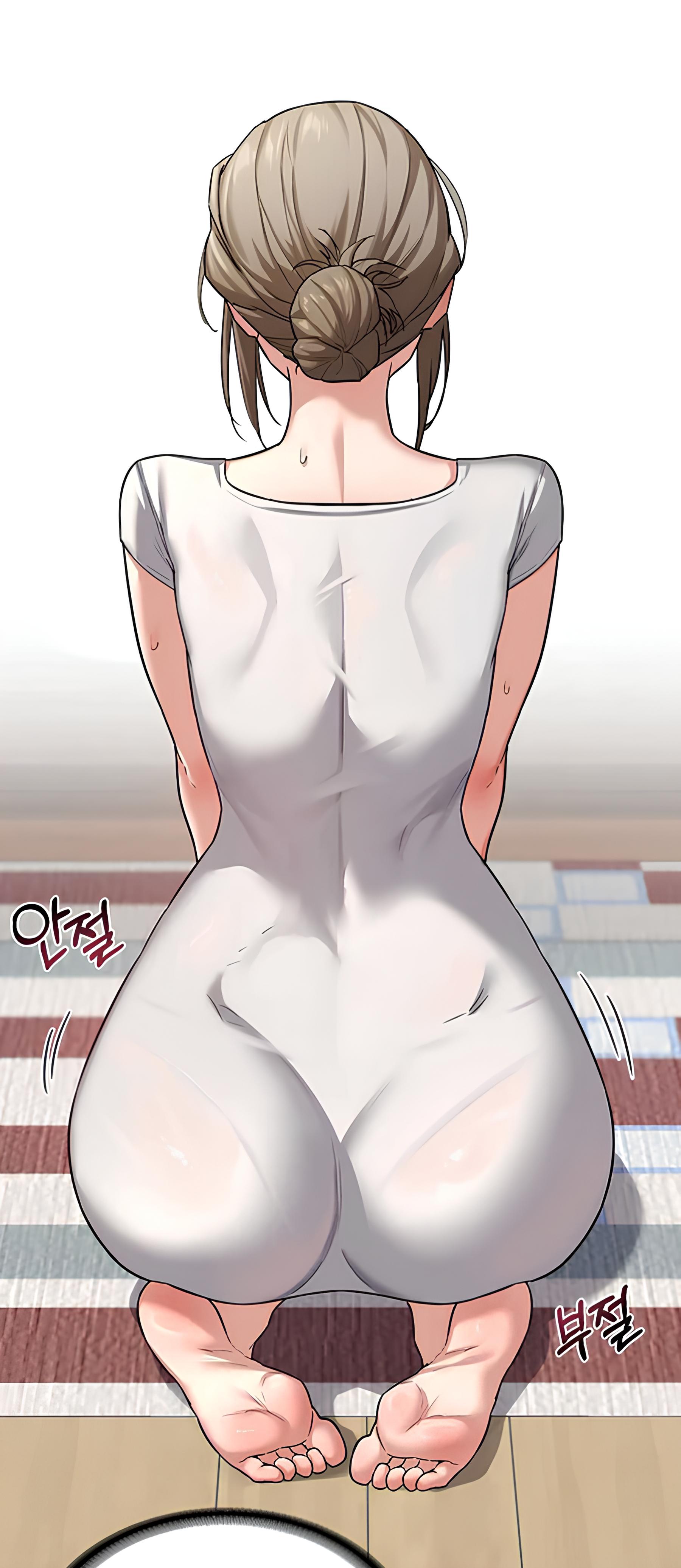 ass, ass focus, back view, baengkki, bare arms, barefoot, big ass, dress, feet, female, grey dress, grey hair, indoors, kim goeun, manhwa, mature female, milf, milf exchange plan, pornhwa, see-through clothing, short sleeves, sitting, sweatdrop, tied hair, toes, webtoon