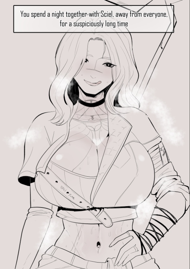 big_breasts clair_obscur:_expedition_33 cleavage english_text hand_on_hip licking_lips milf mostly_clothed scar sciel_(clair_obscur_expedition_33) steam