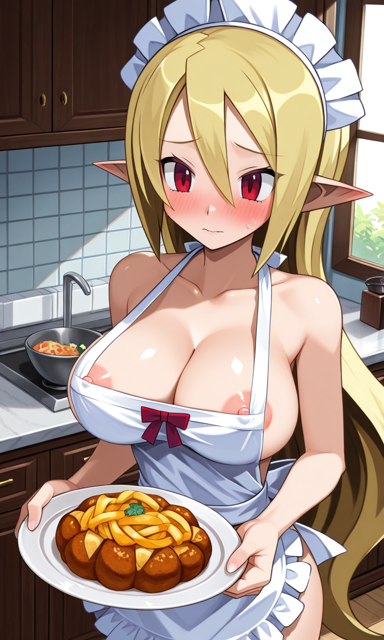 ai_generated apron apron_only blush breasts disgaea disgaea_3 dish embarrassed food large_breasts maid_headdress nippon_ichi_software plate salvatore visible_nipples