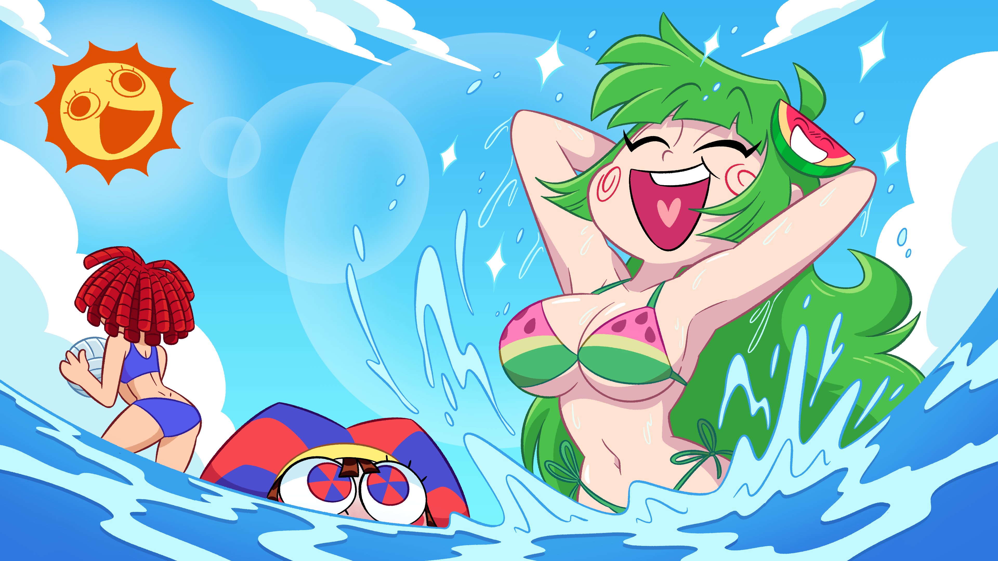 3girls, arms up, ass, beach, bikini, breasts, davidbaronart, female, glitch productions, goopbloop, goopygear, green hair, highres, ocean, outdoors, pomni (the amazing digital circus), ragatha (the amazing digital circus), staring at breasts, sun, sun (the amazing digital circus), the amazing digital circus, vannamelon, vannamelon (copyright), water, watermelon bikini, youtube, youtube thumbnail, youtuber