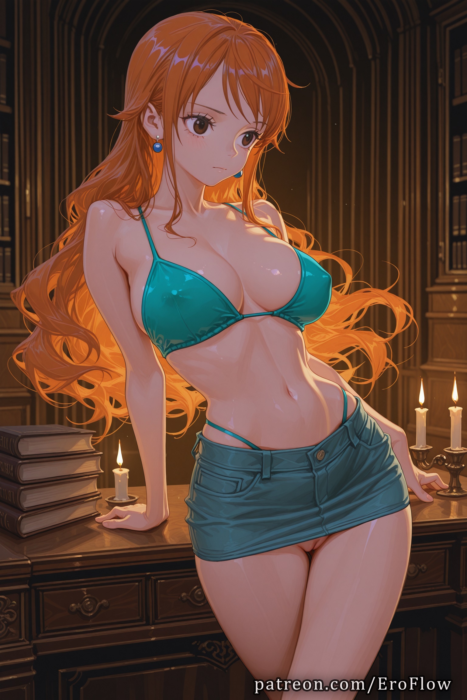 1girls, 2025, ai generated, arm support, bangs, bare shoulders, bikini, bikini top only, book, book stack, breasts, brown eyes, candle, candlelight, candlestand, cleavage, cleft of venus, closed mouth, clothing, collarbone, covered nipples, denim, denim skirt, earrings, eroflow, female, female only, green bikini, hi res, highleg, highleg bikini, highres, indoors, jewelry, large breasts, long hair, looking to the side, miniskirt, nami (one piece), navel, one piece, orange hair, patreon, pussy, skirt, solo, stomach, swimsuit, thigh gap, uncensored, voluptuous, voluptuous female, wig