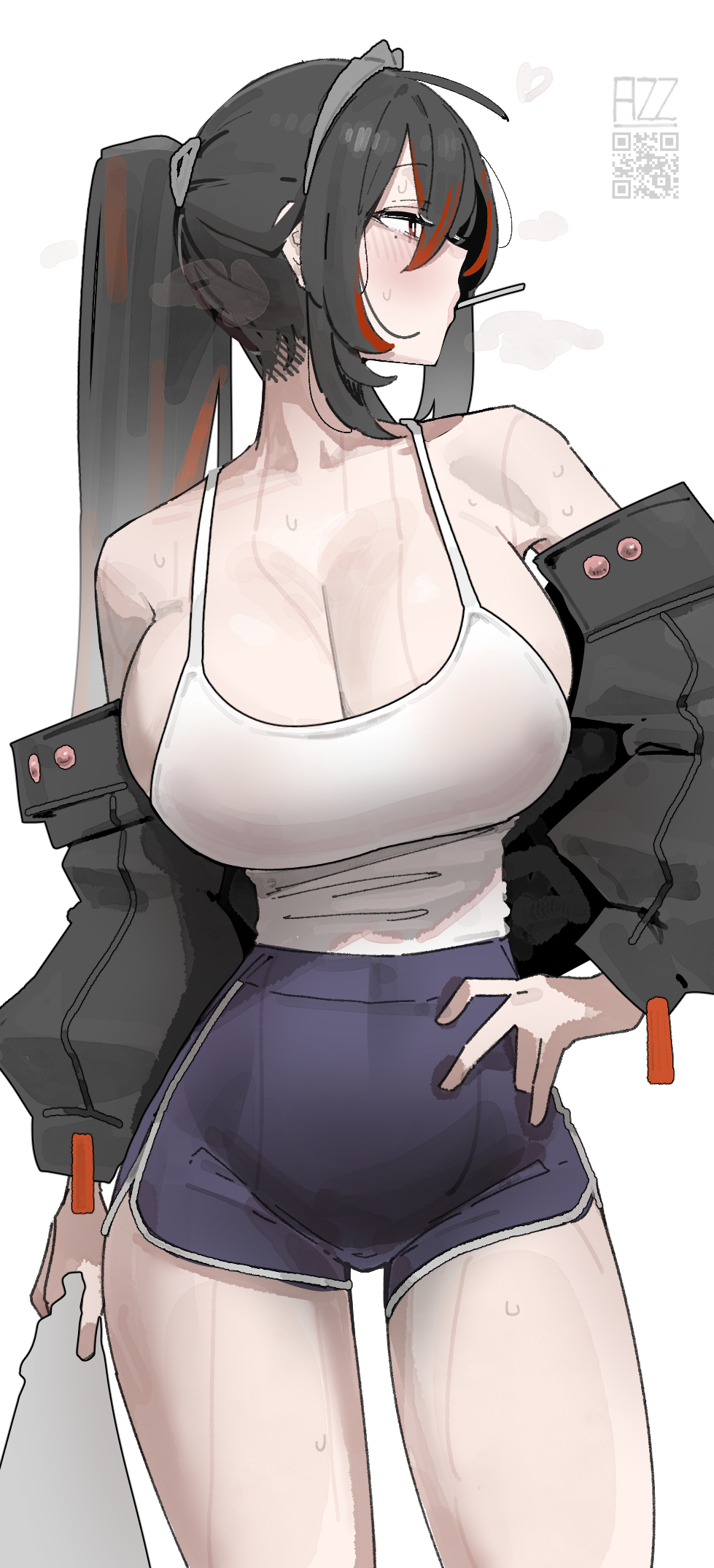1girls, 2026, azz0422, big breasts, black hair, breasts, closed mouth, clothed, clothing, color, colored, curvy, curvy figure, dolphin shorts, female, female only, fully clothed, hair, hi res, hoyoverse, huge breasts, light skin, light-skinned female, looking away, mihoyo, ponytail, qr code, shorts, simple background, solo, sweat, sweatdrop, thick thighs, thighs, white background, zenless zone zero, zhu yuan