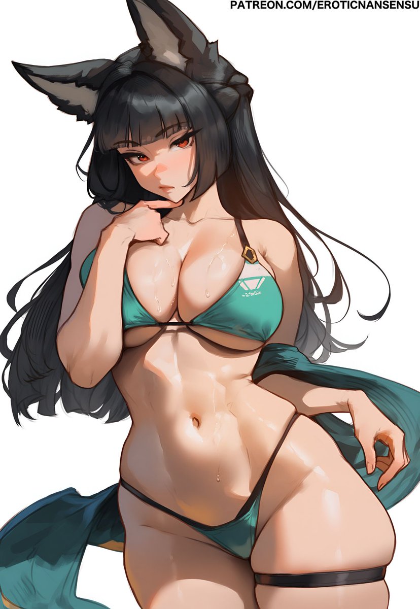 1girls, 2d, 2d (artwork), ai assisted, ai generated, artist name, bikini, black hair, blunt bangs, breasts, color, digital drawing (artwork), erotic nansensu, female, female focus, female only, hollow special operations section 6, hoshimi miyabi, large breasts, light skin, light-skinned female, looking at viewer, patreon username, red eyes, simple background, straight hair, swimsuit, thick thighs, thigh strap, thighs, watermark, white background, wide hips, zenless zone zero