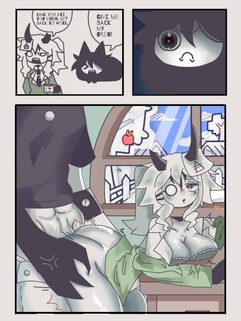 2girls bent_over black_tie blush bra cat_ears clothes_pull female fpe fundamental_paper_education futa_on_female futanari glasses heart-shaped_pupils hickey horns intersex miss_circle miss_circle_(fundamental_paper_education) miss_grace_(fundamental_paper_education) muscular muscular_female nemii_chan open_mouth ponytail thick_thighs white_hair