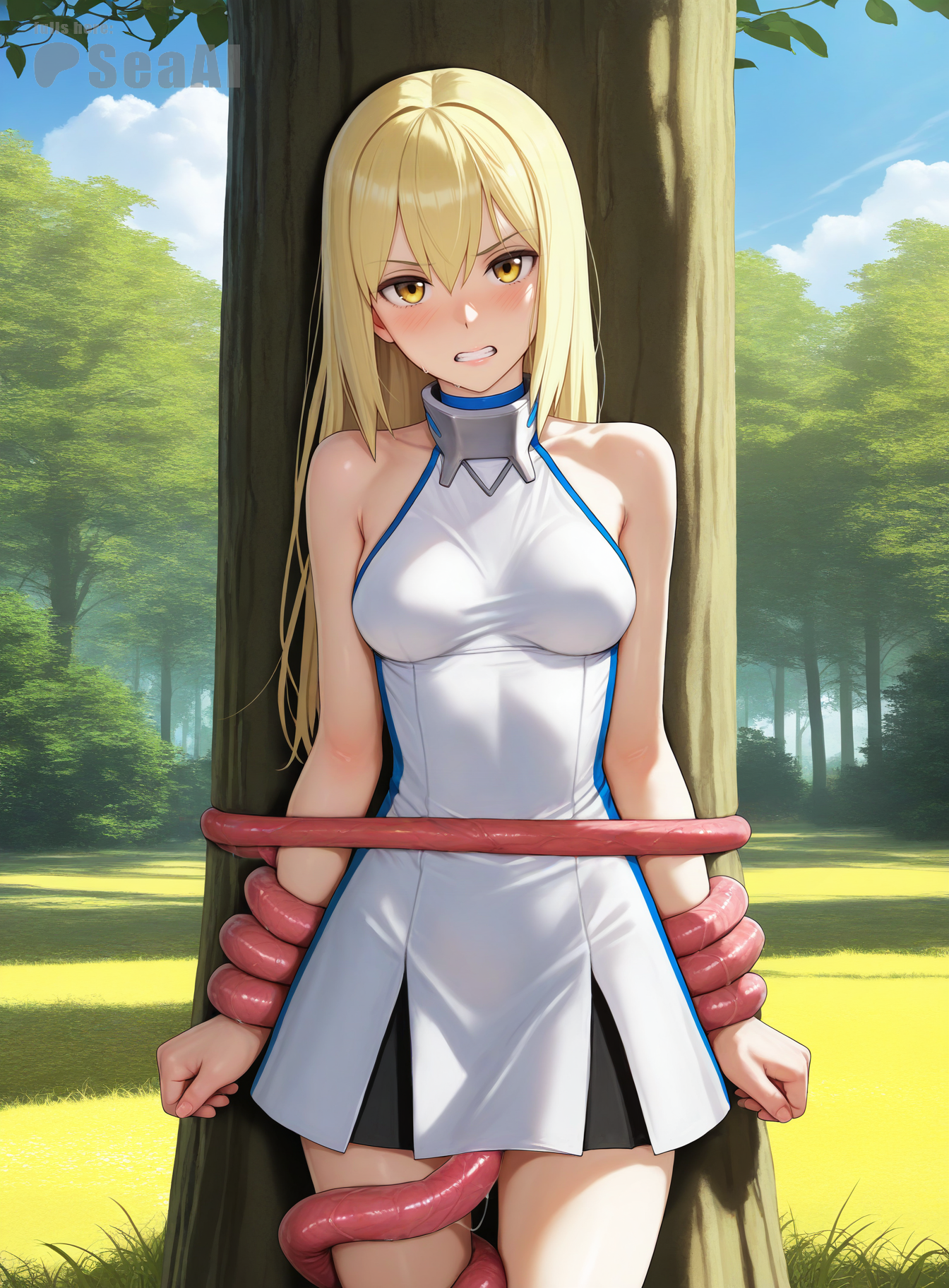 1girls, against tree, ai generated, aiz wallenstein, angry, blush, bondage, breasts, clenched teeth, cowboy shot, dress, dungeon ni deai wo motomeru no wa machigatteiru darou ka, female, helpless, helpless female, medium breasts, outdoors, restrained, seacreator, tentacle, tied
