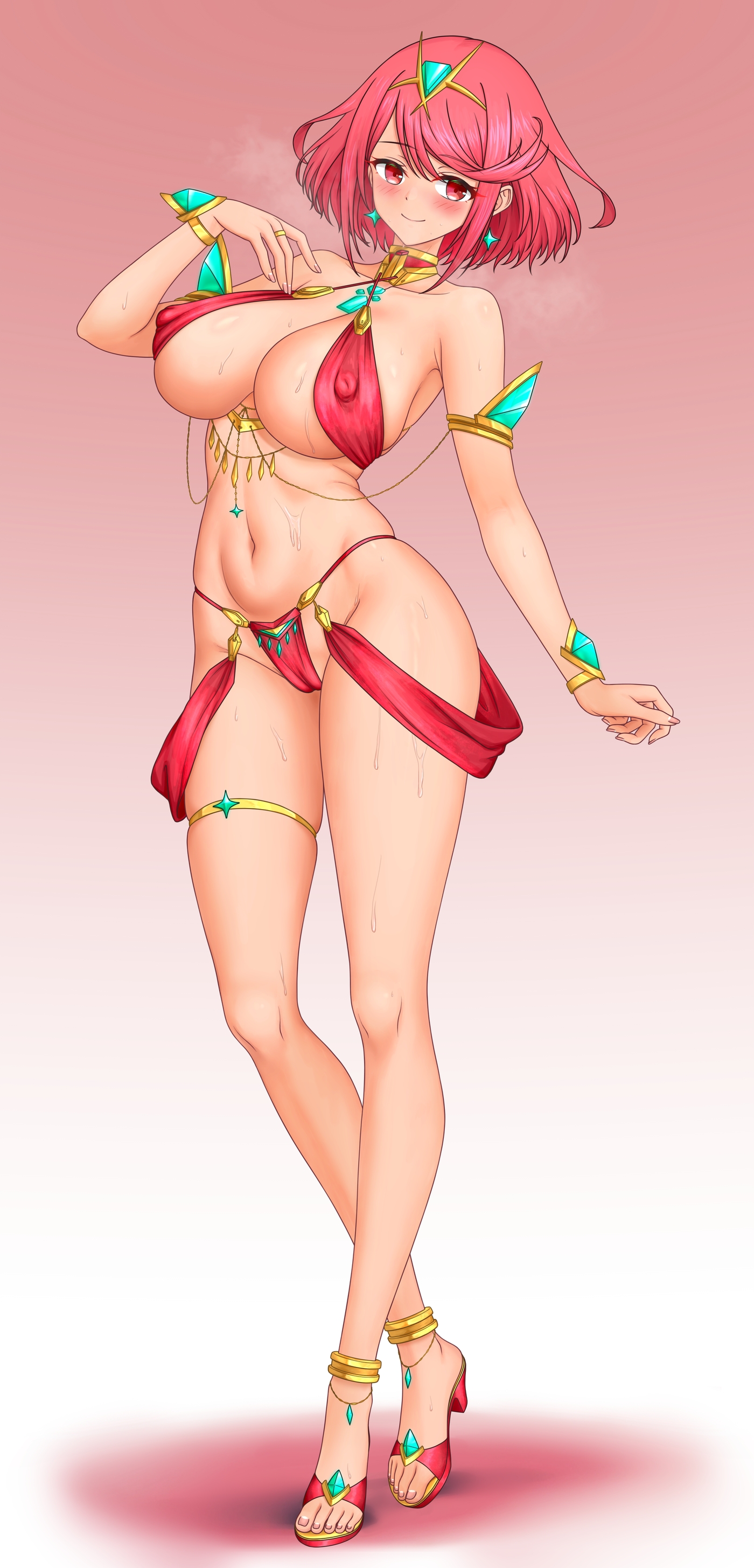absurd res, alluring, alternate costume, belly dancer, belly dancer outfit, big breasts, bikini, breasts, dancer, dancer outfit, feichu keju, female, harem girl, harem outfit, heroine, high res, milf, mouth veil, pyra, red eyes, red hair, revealing clothes, veil, xenoblade (series), xenoblade chronicles 2