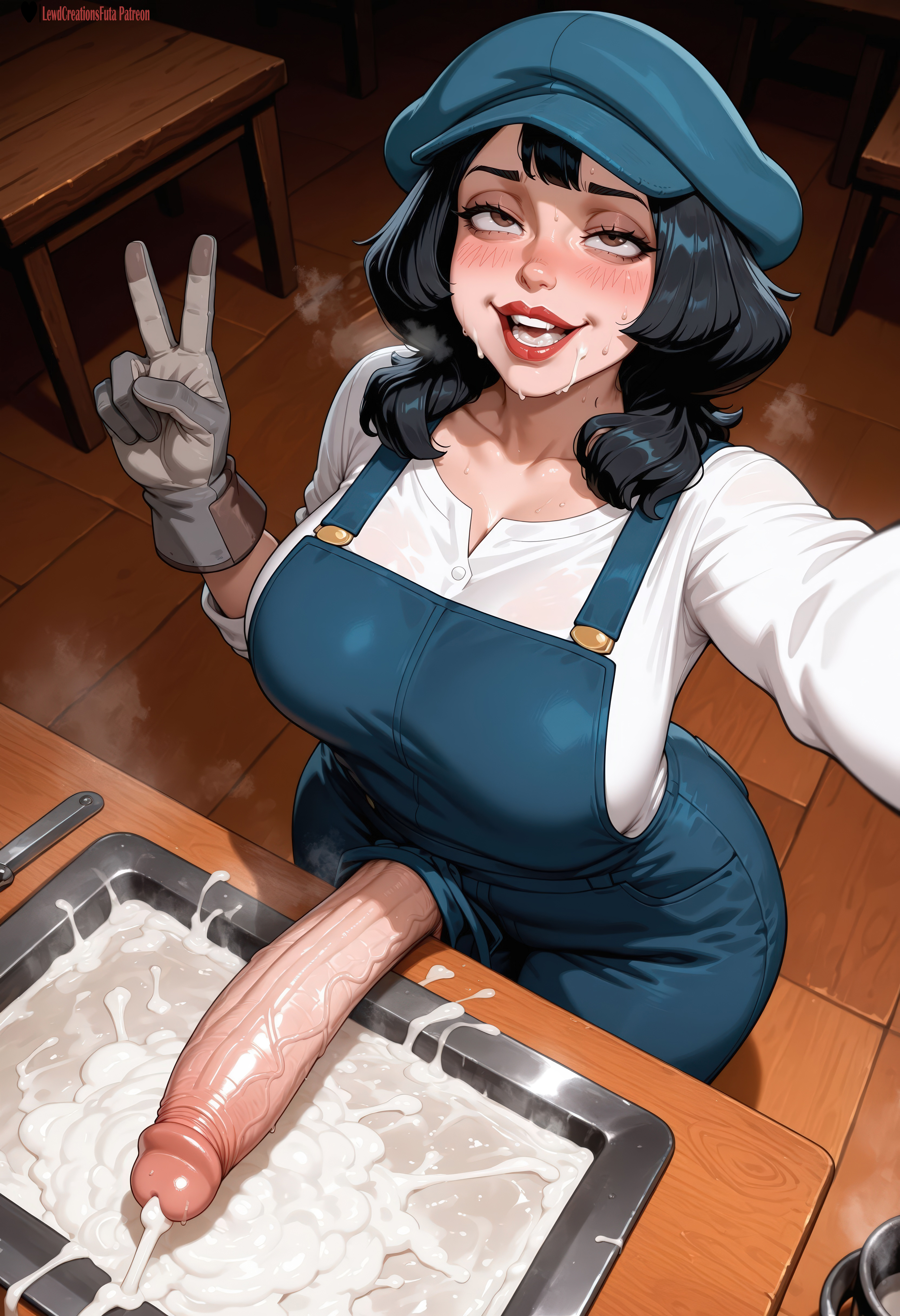 1girls, absurd res, ai generated, atlantis: the lost empire, audrey ramirez, balls, black hair, blush, breasts, cum, cum in mouth, cum on plate, cumdrip, cumshot, dark skin, dark-skinned female, dickgirl, dickgirl/female, disney, excessive cum, excessive genital fluids, female, futa only, futadom, futanari, hat, high resolution, highres, huge balls, huge cock, intersex, lewdcreationsfuta, lips, lipstick, mature, mature female, medium breasts, open mouth, overalls, peace sign, penis, penis out, precum, precum drip, precum on penis, precum string, red lipstick, rolling eyes, sexually suggestive, short hair, solo, solo female, solo focus, tagme, thick, thighs, veiny, veiny penis, white shirt