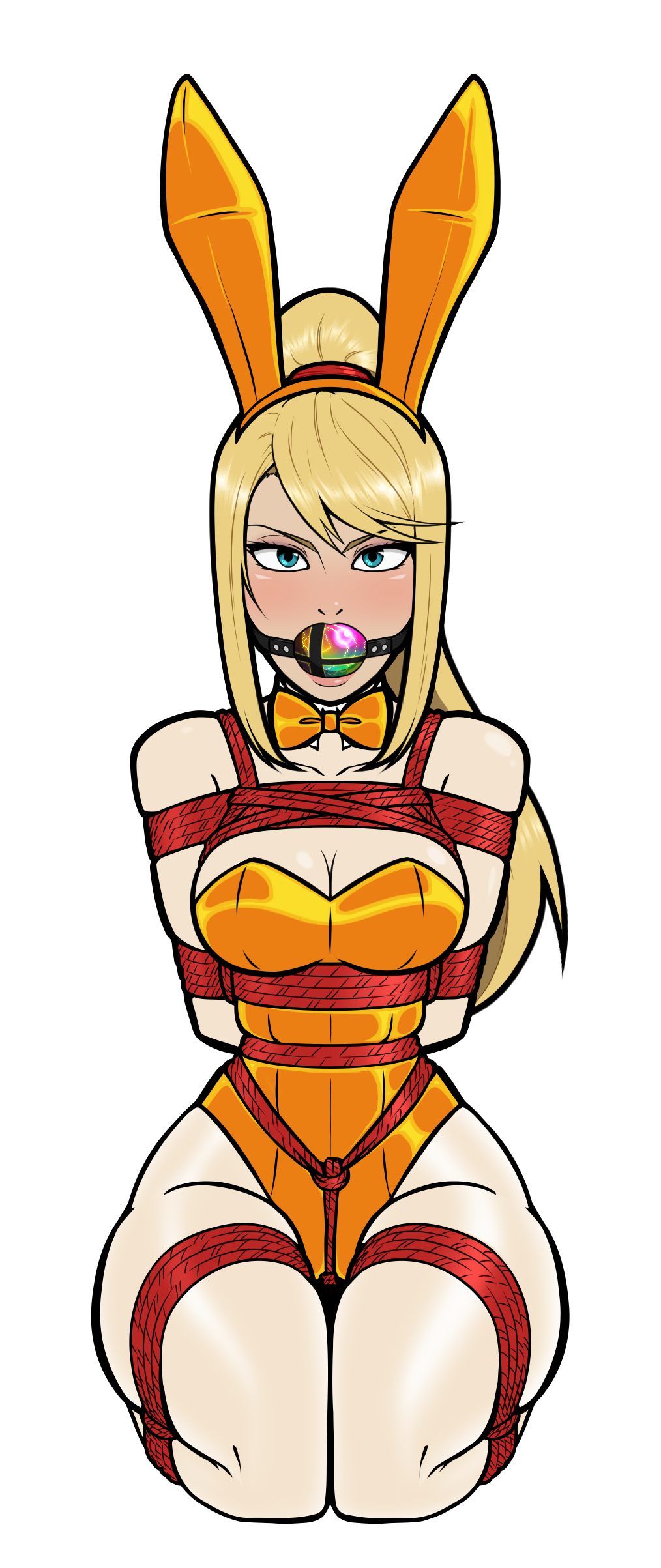 1girls arms_tied_behind_back ball_gag ball_gag_embellishment bimbo blonde_hair blue_eyes blue_leotard bondage bound bound_arms bound_legs bowtie breasts bunny_ears cleavage crotch_rope detached_collar embellished_ball_gag fake_animal_ears female gag gagged kneeling large_breasts legs_tied leotard looking_at_viewer medium_breasts metroid nintendo no_background pantyhose playboy_bunny ponytail restrained rope rope_bondage samus_aran shibari_over_clothes slight_blush smash_ball solo solo_female sticker sticker_template stickers strapless strapless_leotard thick_thighs tied_up transparent_background transparent_png wide_hips wossarem