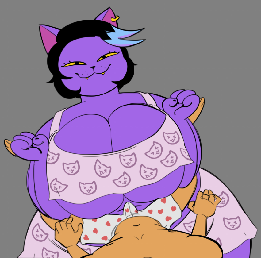 2025 4_fingers 5_fingers anthro belly big_breasts black_hair blue_highlights bottomwear boxers_(clothing) breasts burgerpants catty_(undertale) clothed clothed_anthro clothed_female clothing crop_top digital_drawing_(artwork) digital_media_(artwork) domestic_cat duo fangs felid feline felis female female_anthro fingers fur gold_ear_ring grey_background hair heart_boxers heart_clothing heart_symbol heart_underwear highlights_(coloring) huge_breasts kitapult male male/female male_anthro mammal overweight overweight_anthro overweight_female purple_body purple_ears purple_fur shirt shirtless_anthro shirtless_male shorts simple_background teeth topwear undertale_(series) underwear wide_hipped_anthro wide_hipped_female wide_hips