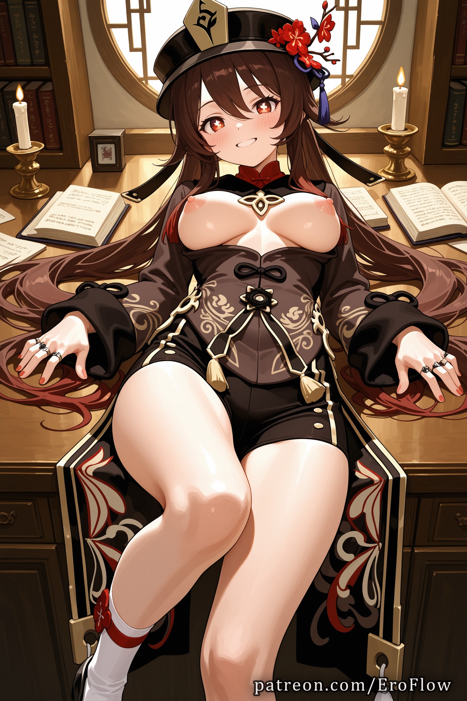 1girls, 2025, ai generated, bangs, black headwear, black shorts, blush, boo tao (genshin impact), book, breasts, breasts out, brown hair, candle, chinese clothes, eroflow, female, flower, flower-shaped pupils, genshin impact, grin, hat, hat flower, hi res, highres, hoyoverse, hu tao (genshin impact), indoors, jewelry, large breasts, long hair, long sleeves, looking at viewer, lying, medium breasts, mihoyo, mihoyo technology (shanghai) co. ltd., multiple rings, nail polish, nipples, patreon, plum blossoms, porkpie hat, red eyes, ring, short shorts, shorts, smile, socks, solo, thighs, twintails, very long hair, voluptuous, voluptuous female, white socks