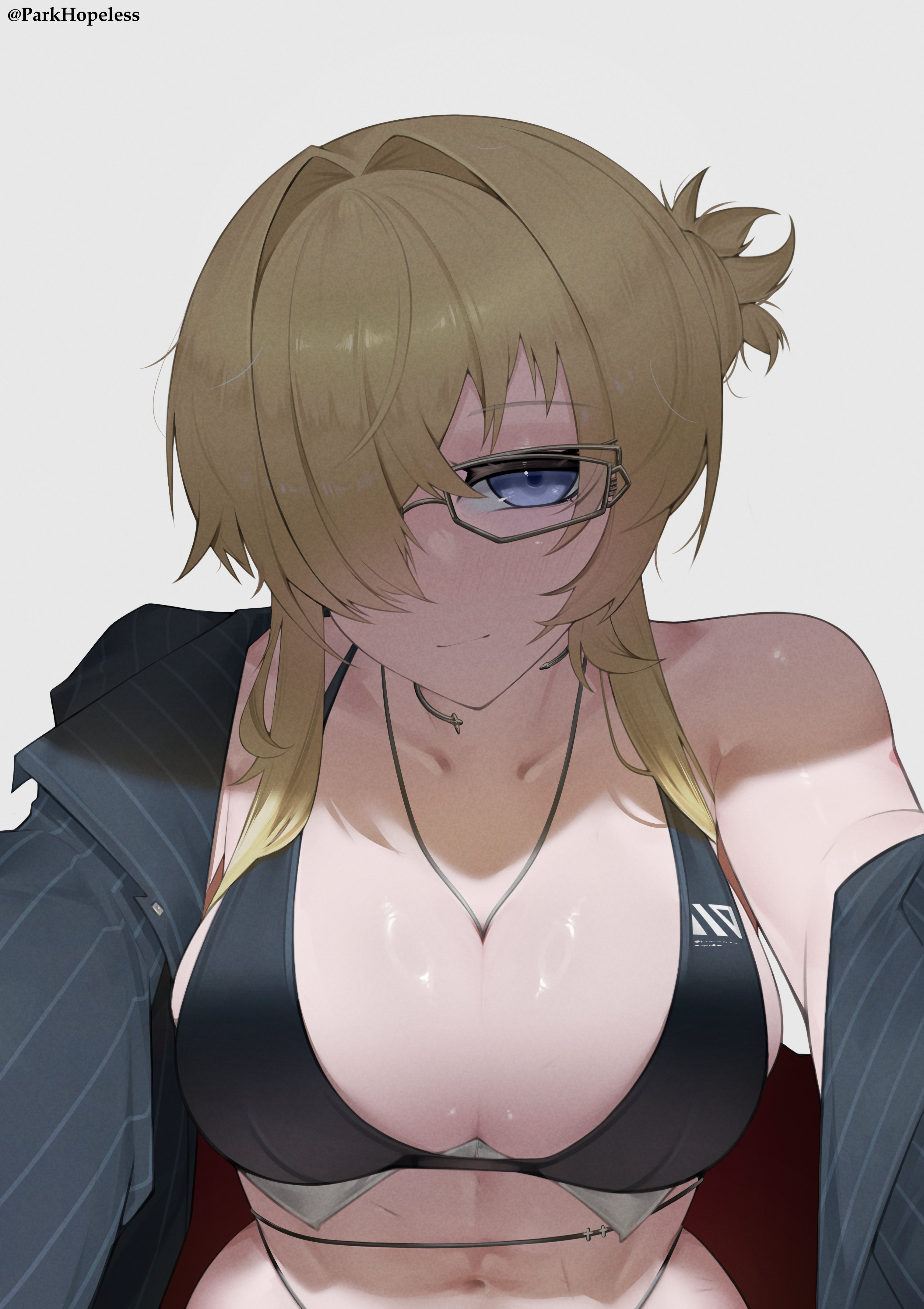 1girls, abs, absurd res, artist name, blonde hair, blue eyes, body scars, breasts, cleavage, female, female only, glasses, goddess of victory: nikke, grave (beautiful you) (nikke), grave (nikke), hair intakes, hair over one eye, jacket, jacket open, light skin, light-skinned female, looking at viewer, muscular, muscular female, navel, necklace, necklace between breasts, official alternate costume, parkhopeless, scar, scars, white background